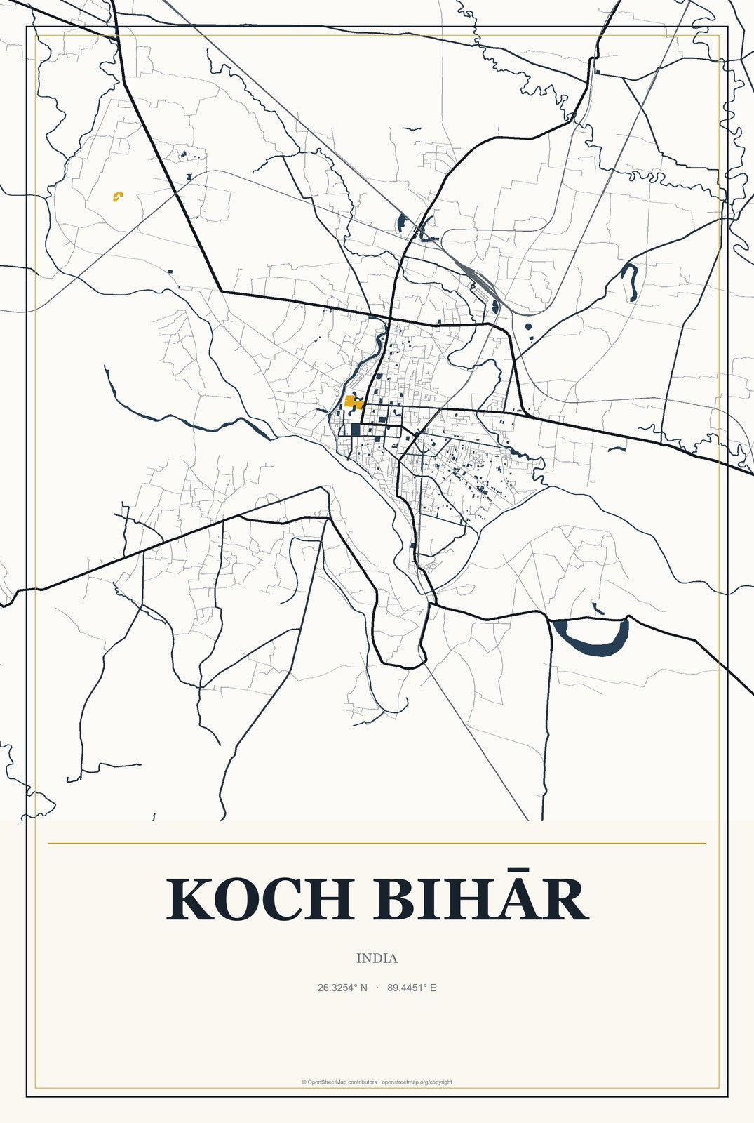 Koch Bihār, India City Map Aluminum Sign in Citrine Modern style