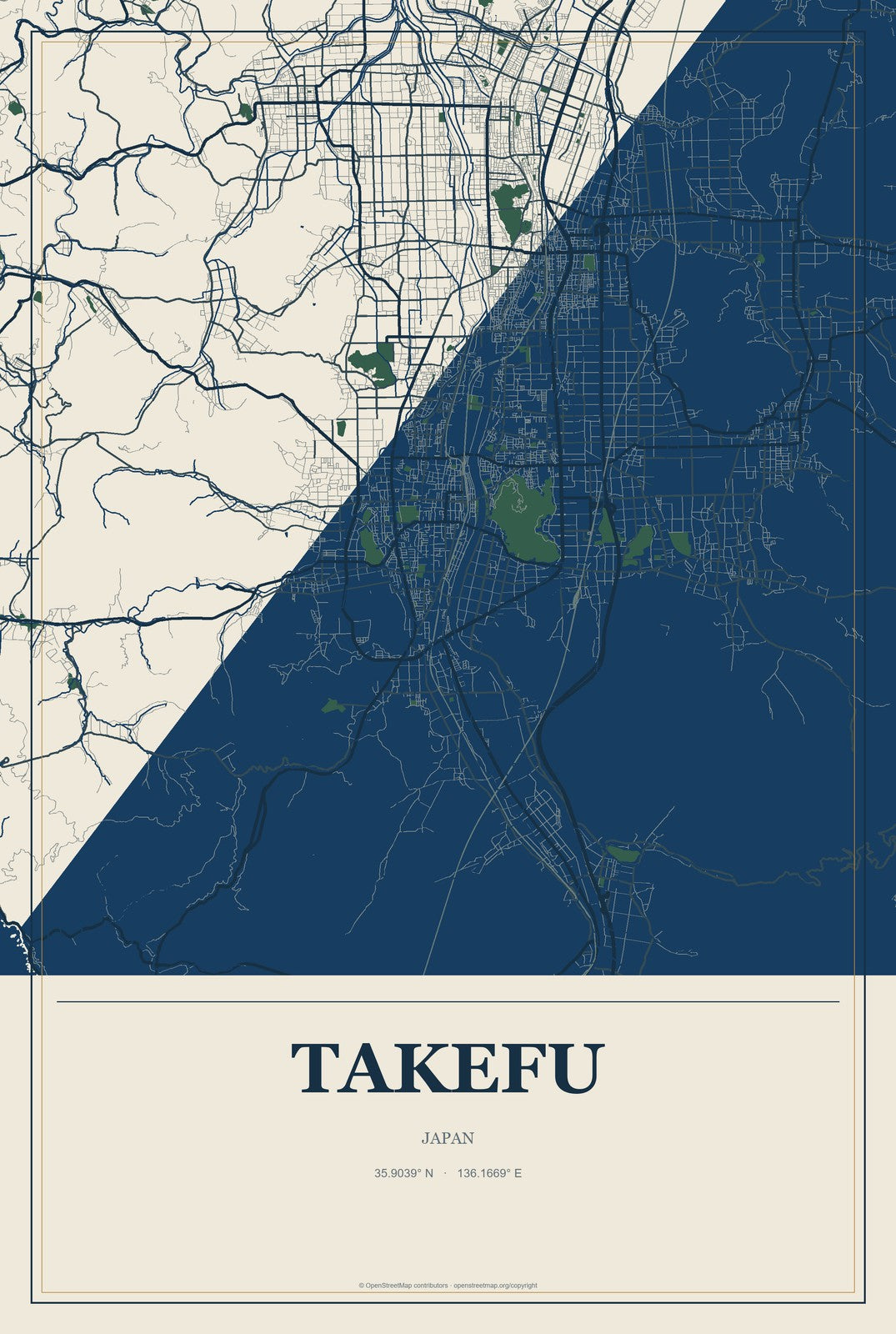 Takefu, Japan City Map Aluminum Sign in Coastal Cutout style