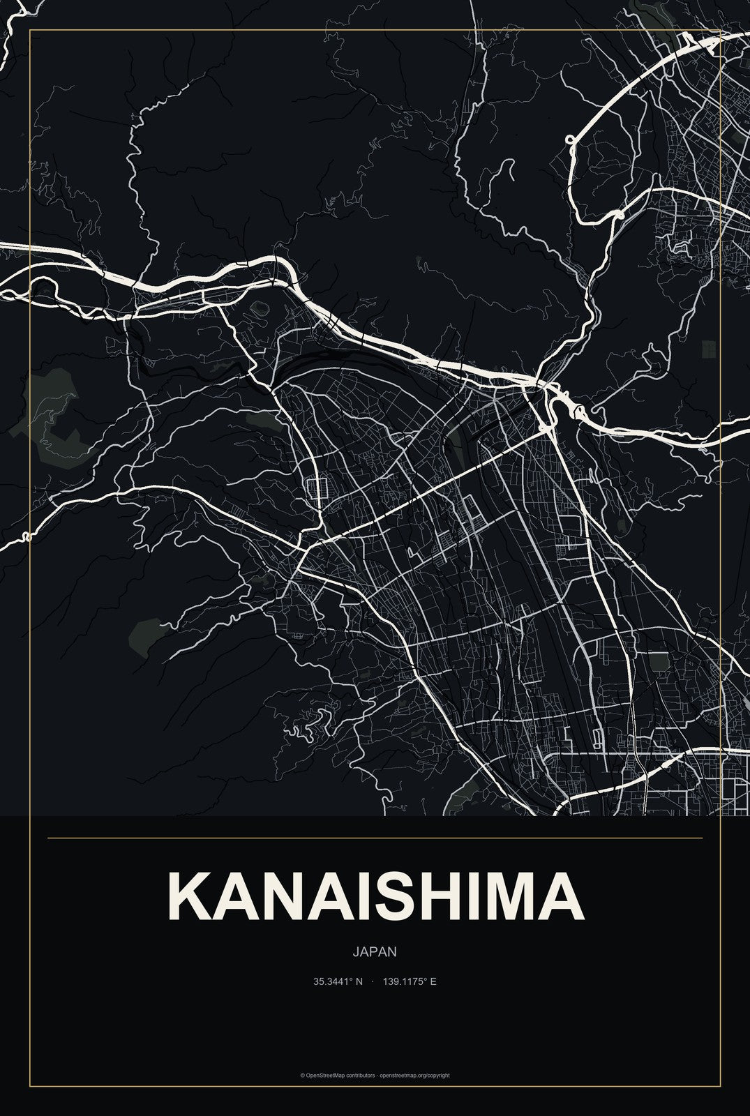 Kanaishima, Japan City Map Aluminum Sign in Metropolitan Noir style