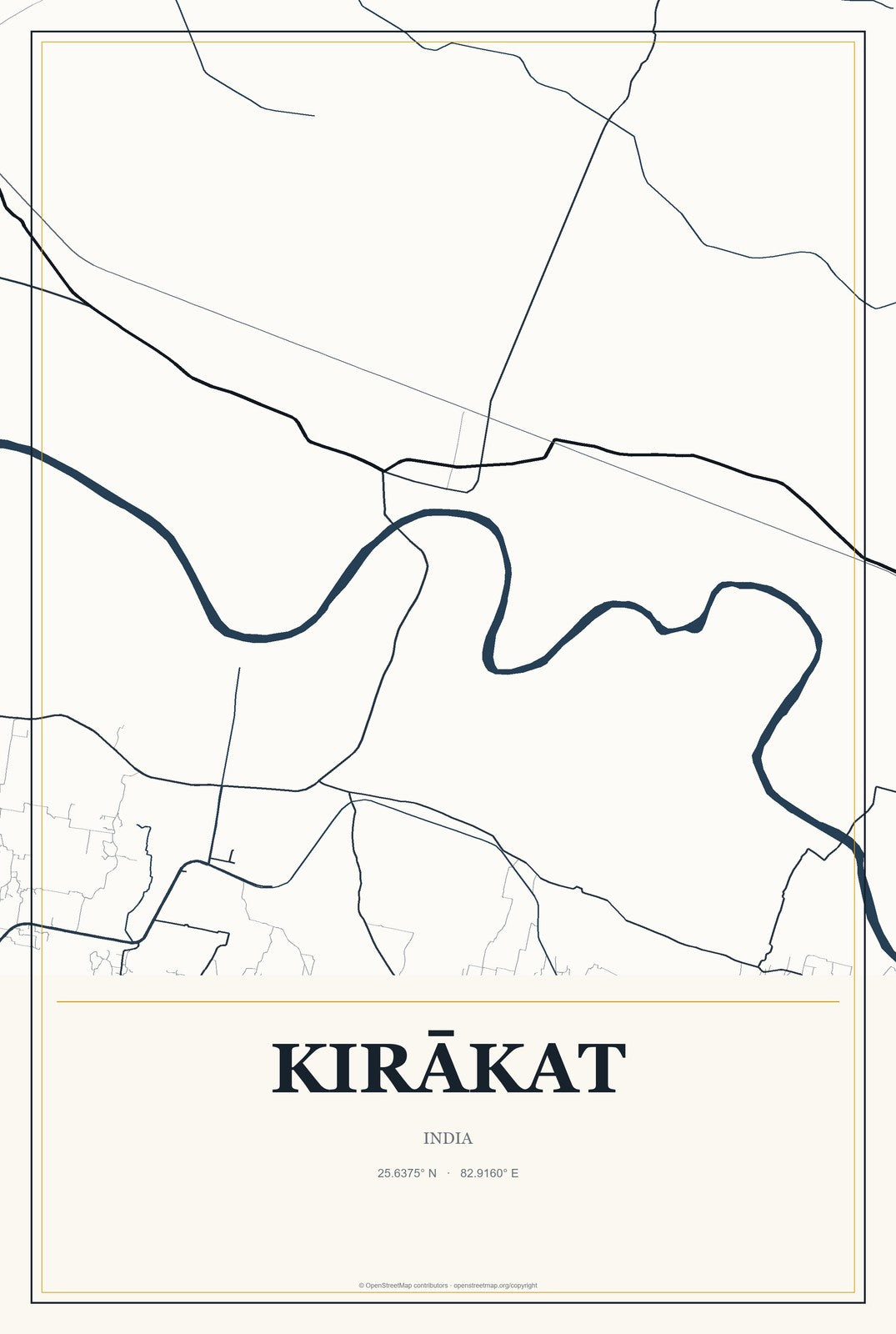 Kirākat, India City Map Aluminum Sign in Citrine Modern style