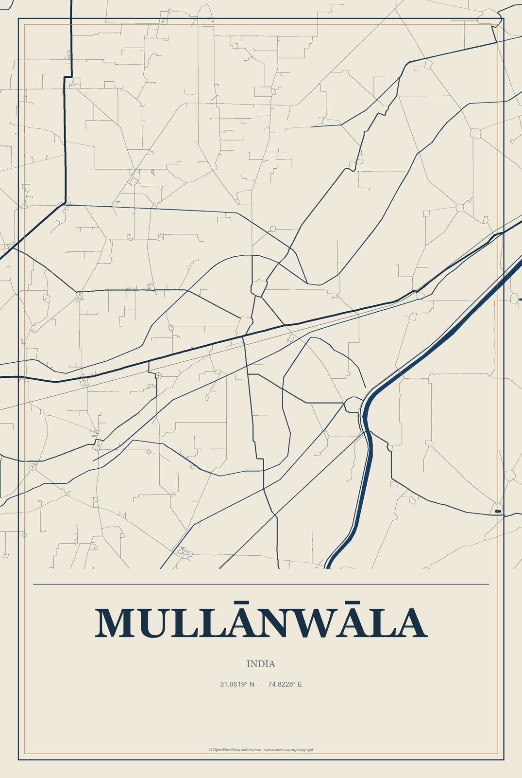 Mullānwāla, India City Map Aluminum Sign in Coastal Cutout style