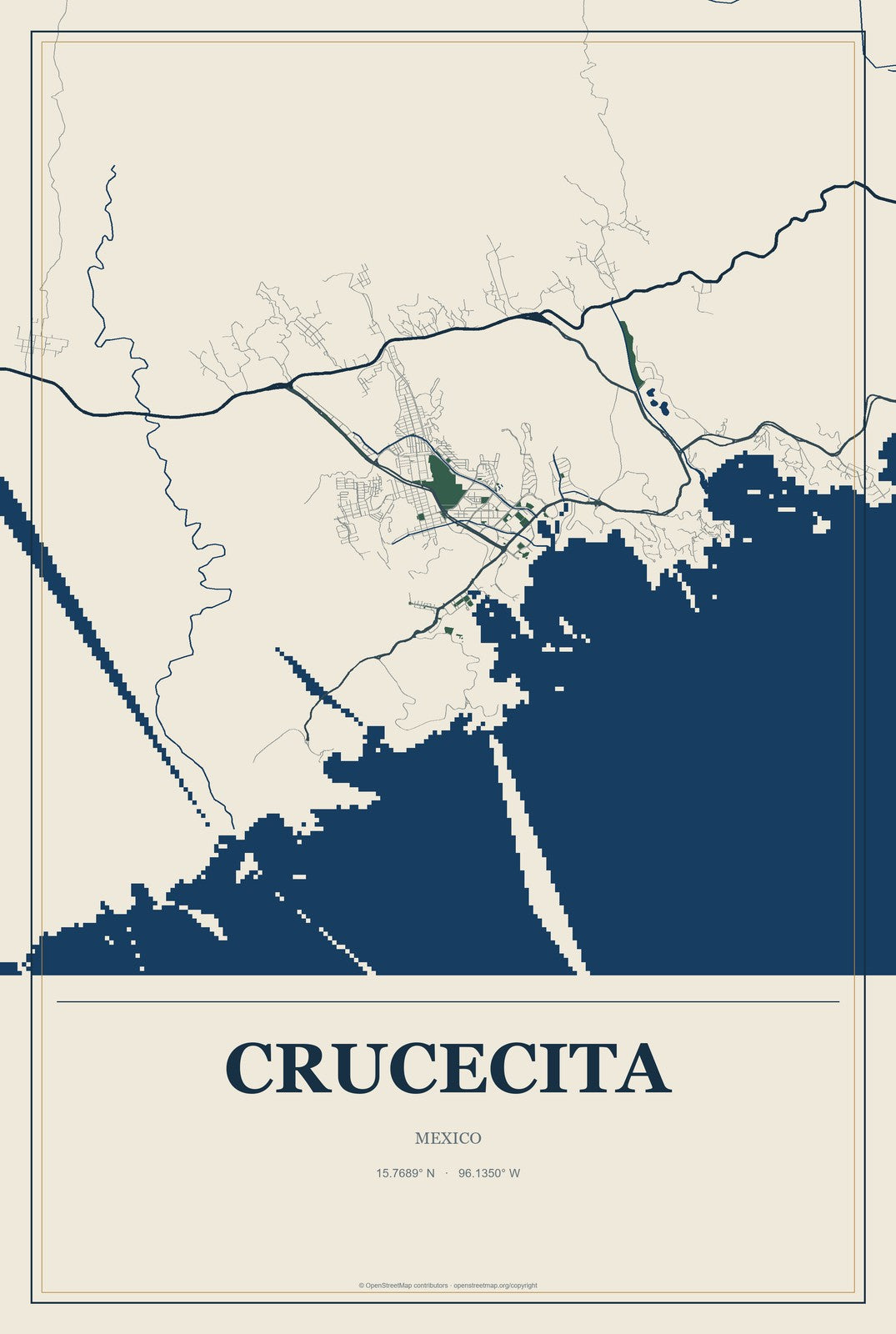 Crucecita, Mexico City Map Aluminum Sign in Coastal Cutout style