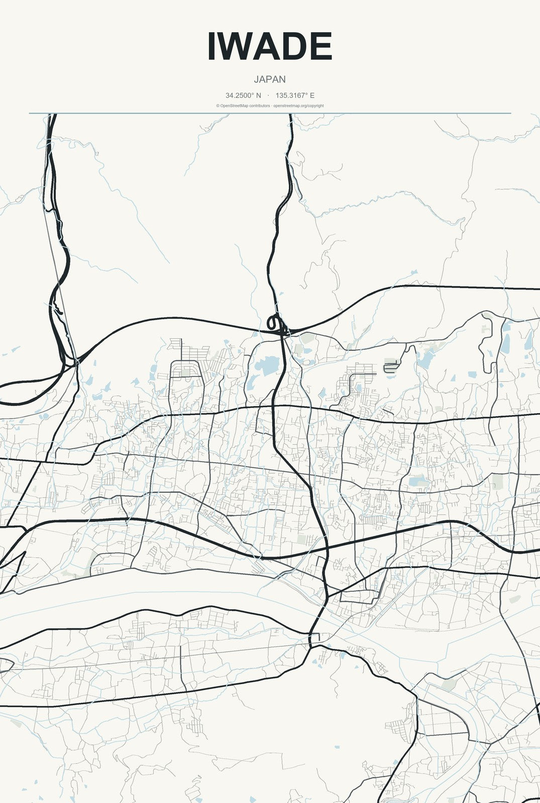 Iwade, Japan City Map Aluminum Sign in Headline Atlas style