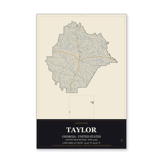 Taylor County, Georgia Map Aluminum Sign in Museum Plaque style