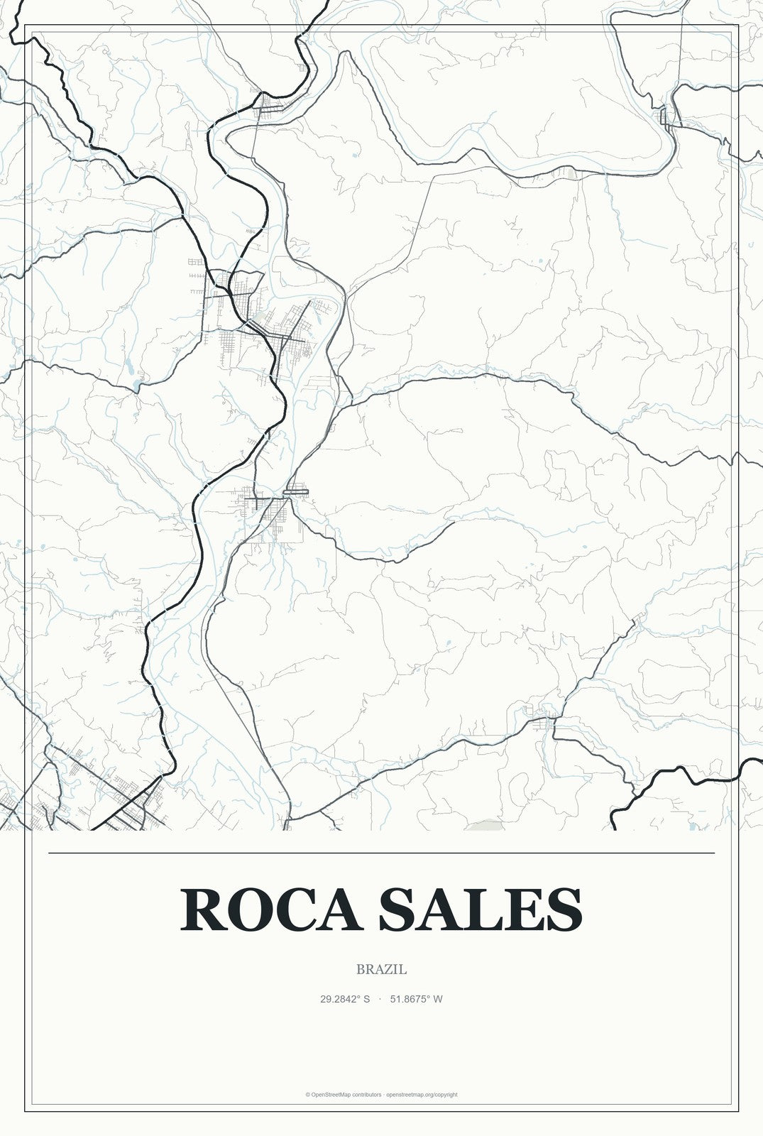 Roca Sales, Brazil City Map Aluminum Sign in Gallery Air style