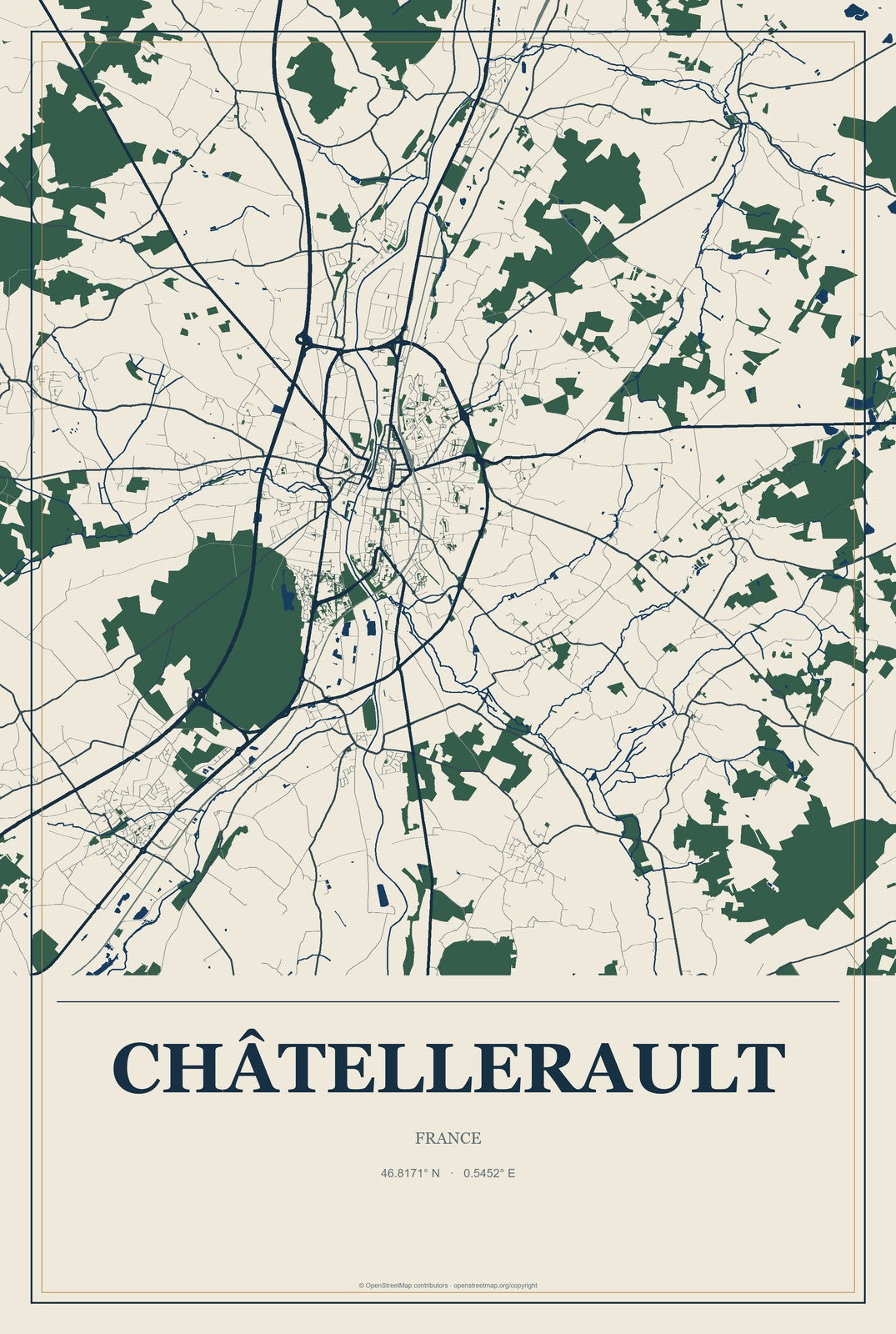 Châtellerault, France City Map Aluminum Sign in Coastal Cutout style