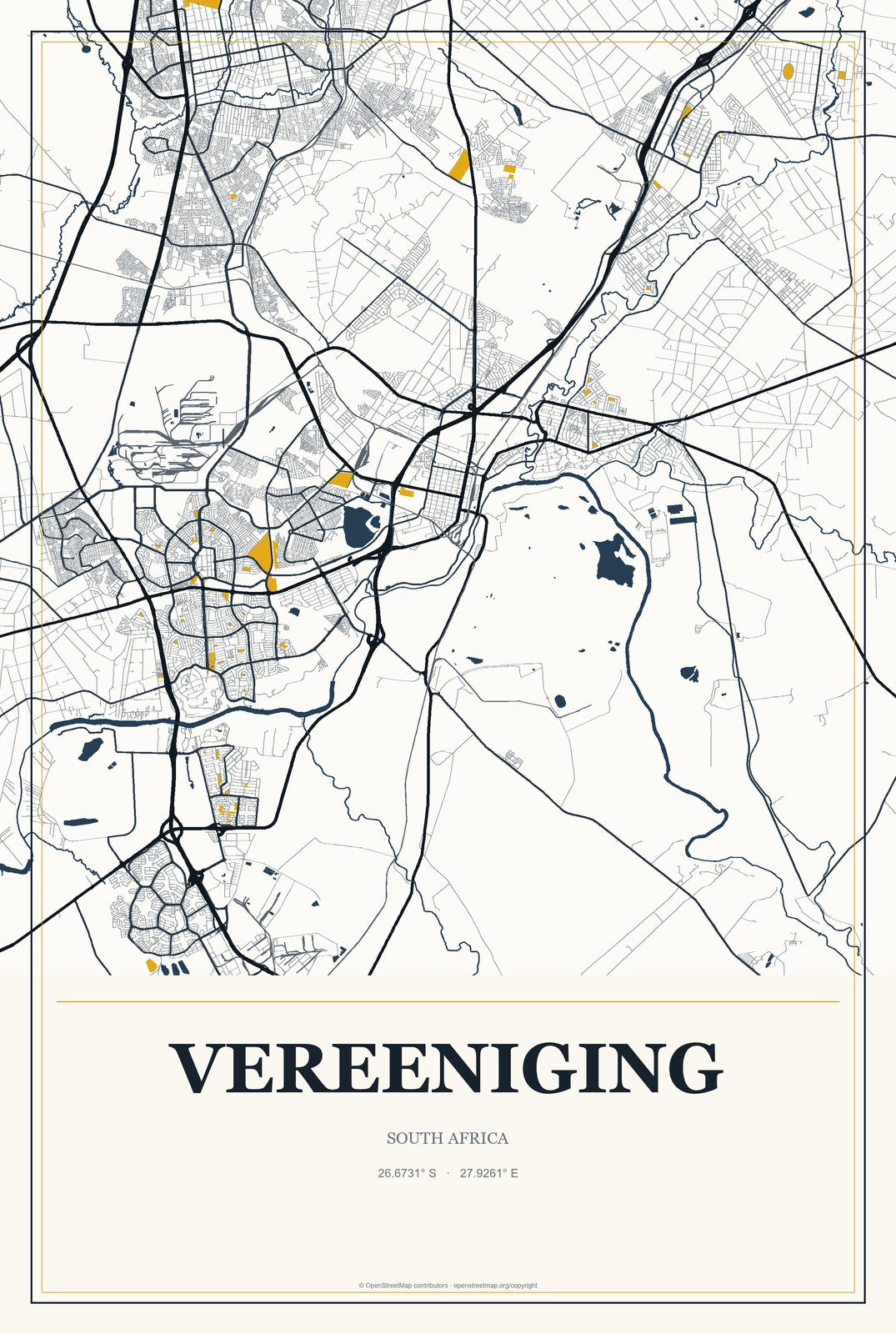 Vereeniging, South Africa City Map Aluminum Sign in Citrine Modern style