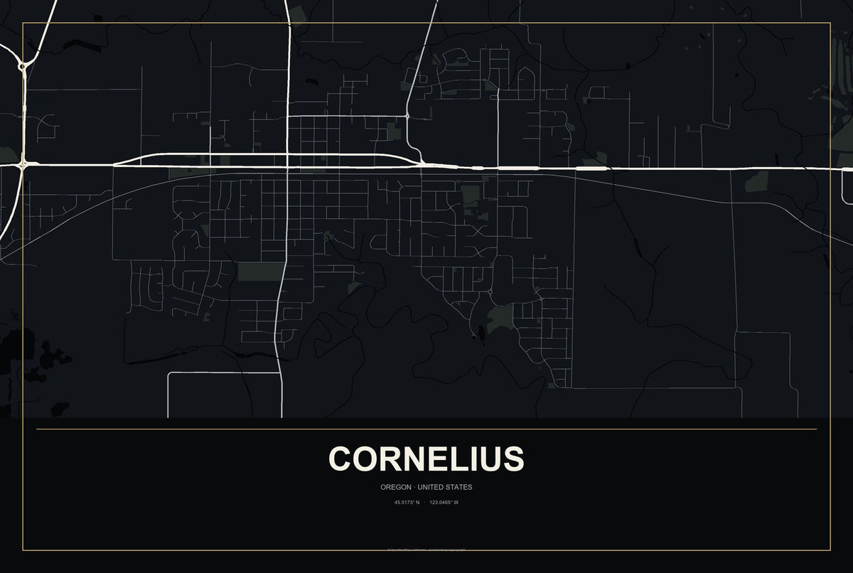 Cornelius, Oregon City Map Aluminum Sign in Metropolitan Noir style