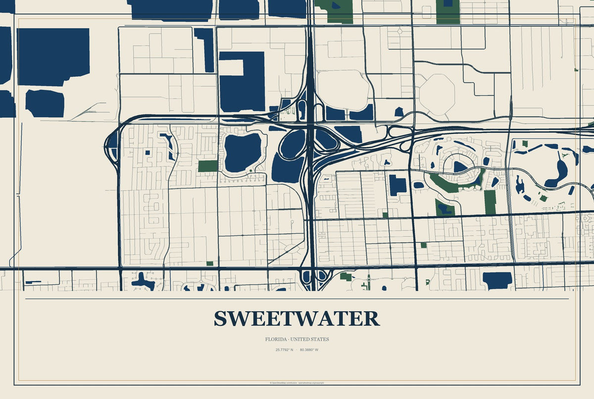 Sweetwater, Florida City Map Aluminum Sign in Coastal Cutout style