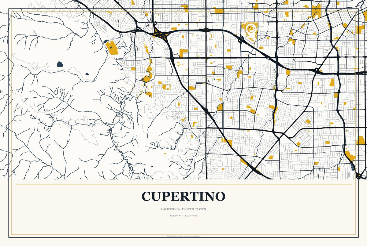 Cupertino, California City Map Aluminum Sign in Citrine Modern style