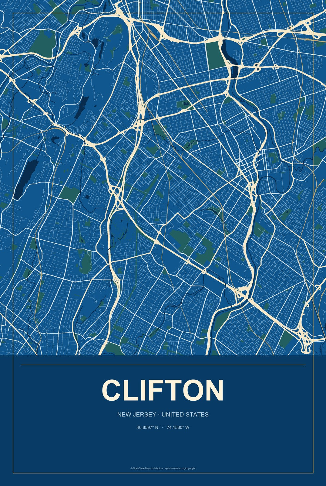Clifton, New Jersey City Map Aluminum Sign in Harbor Cobalt style