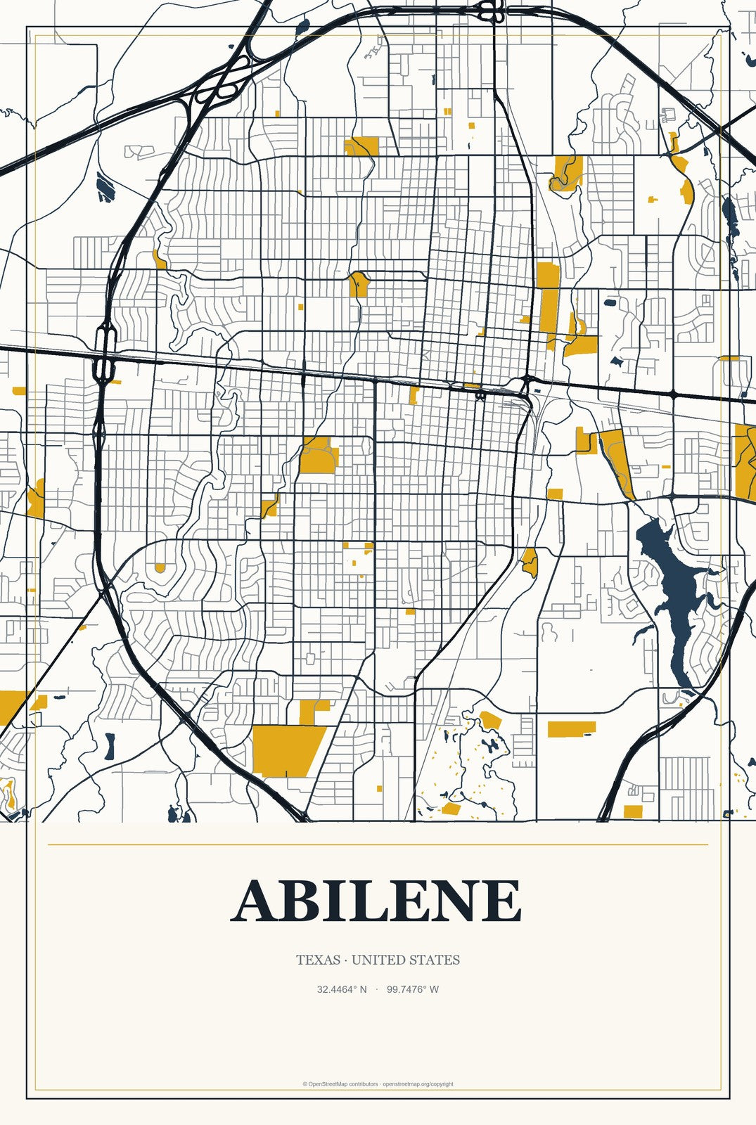 Abilene, Texas City Map Aluminum Sign in Citrine Modern style