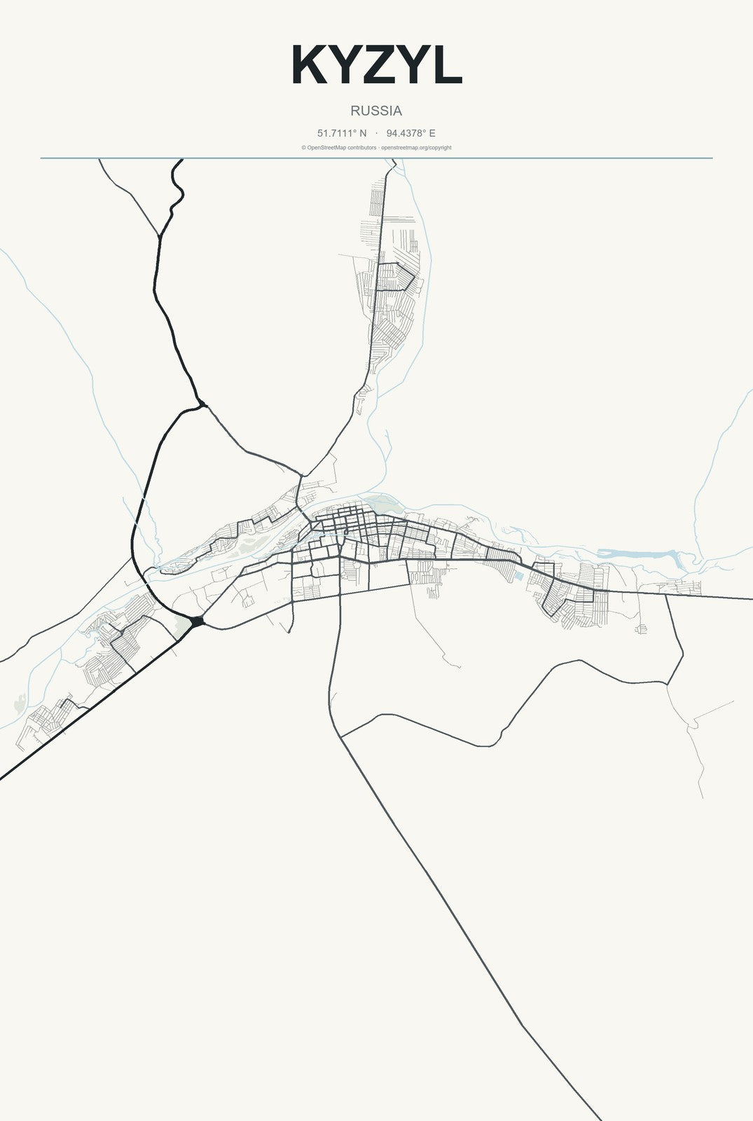 Kyzyl, Russia City Map Aluminum Sign in Headline Atlas style