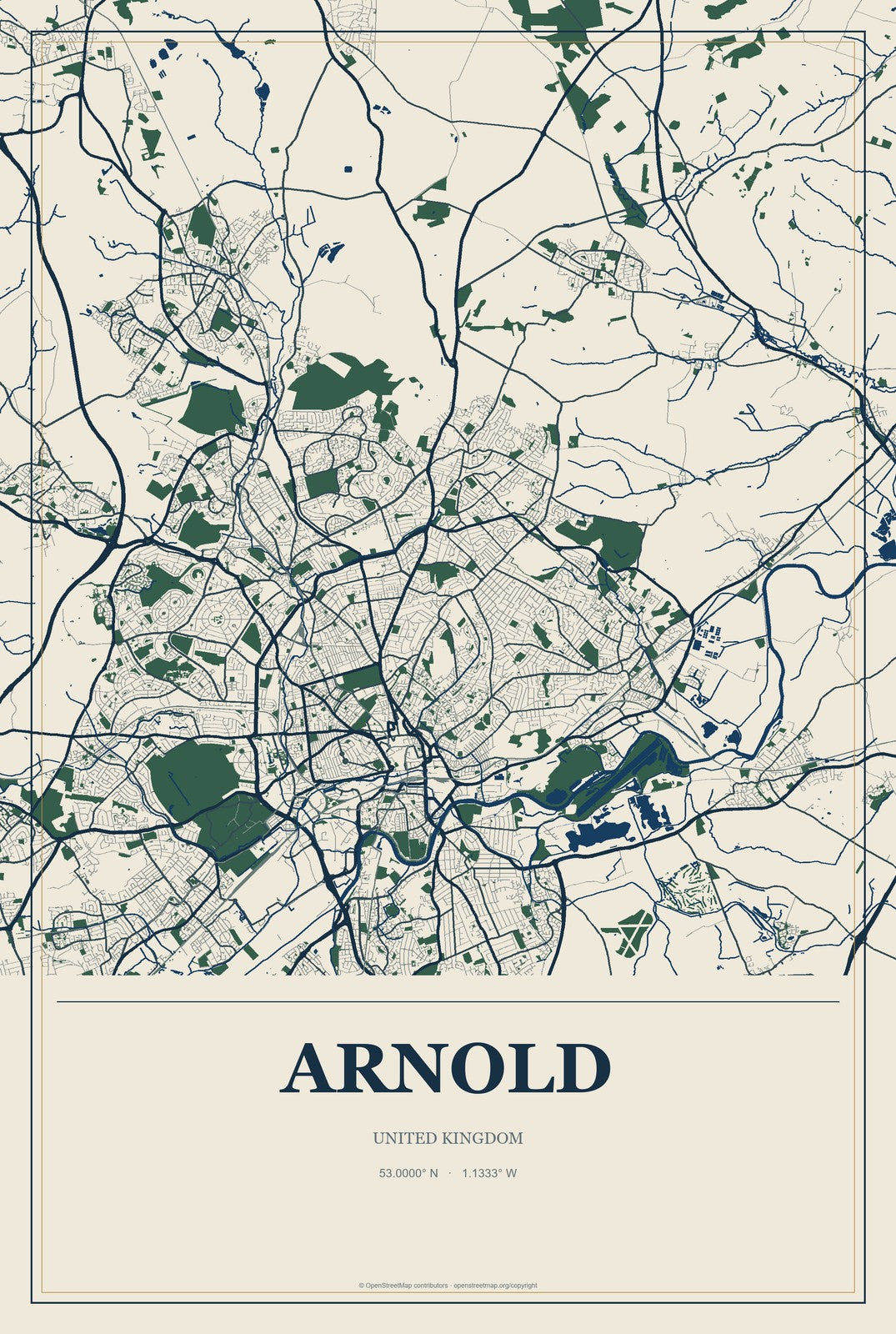 Arnold, United Kingdom City Map Aluminum Sign in Coastal Cutout style