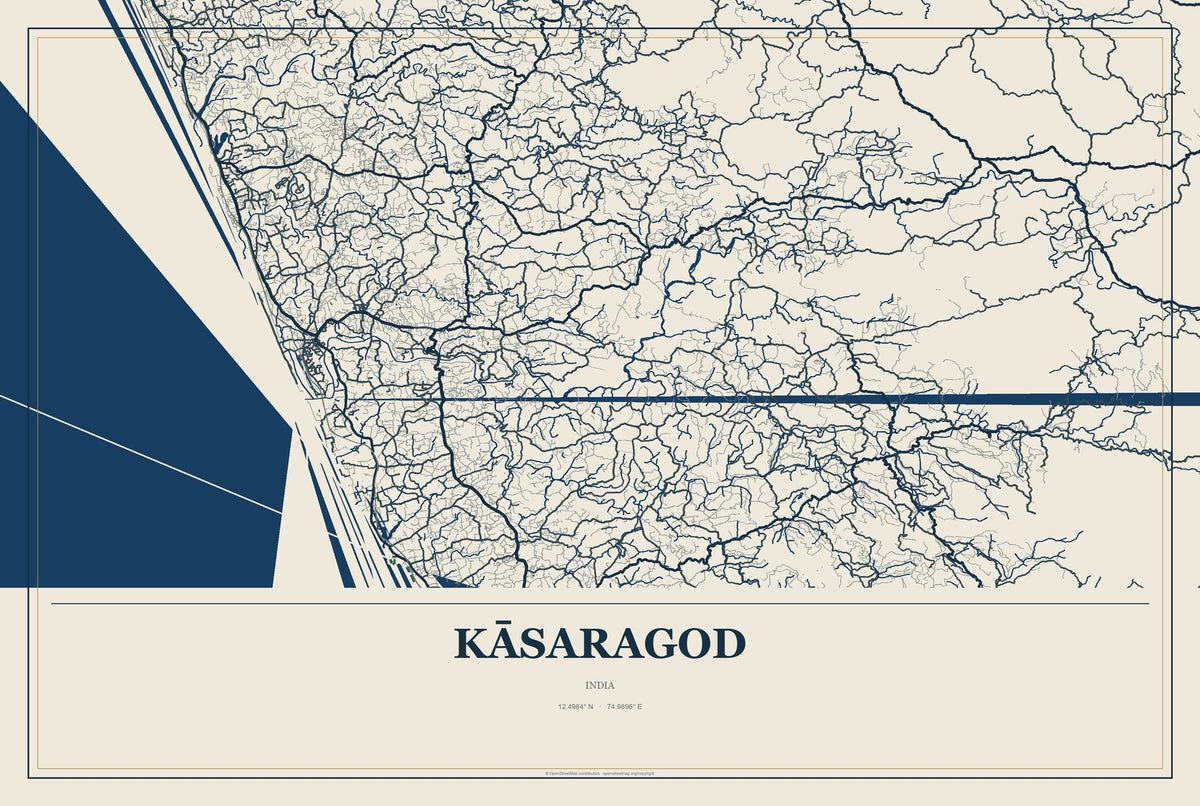Kāsaragod, India City Map Aluminum Sign in Coastal Cutout style