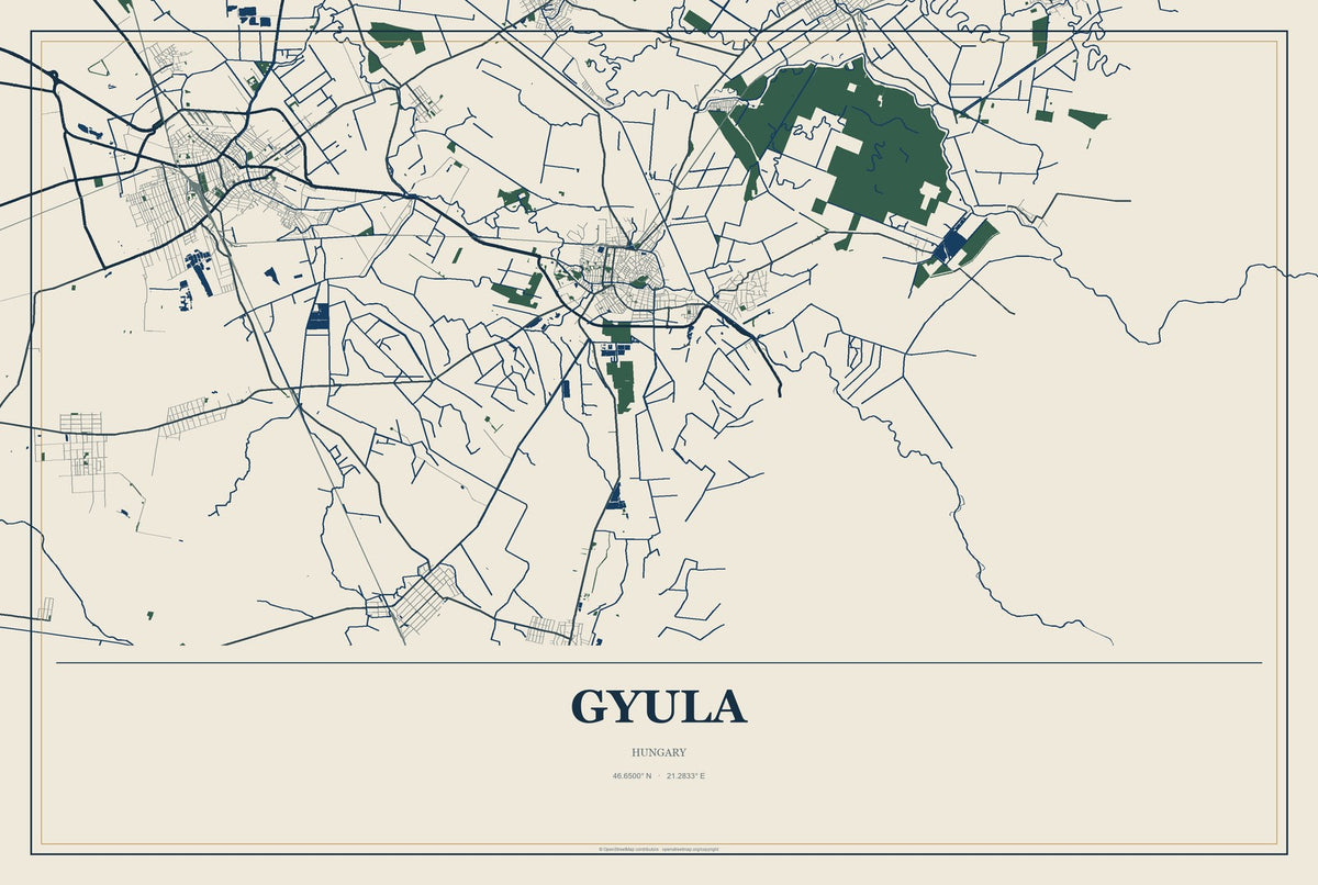 Gyula, Hungary City Map Aluminum Sign in Coastal Cutout style