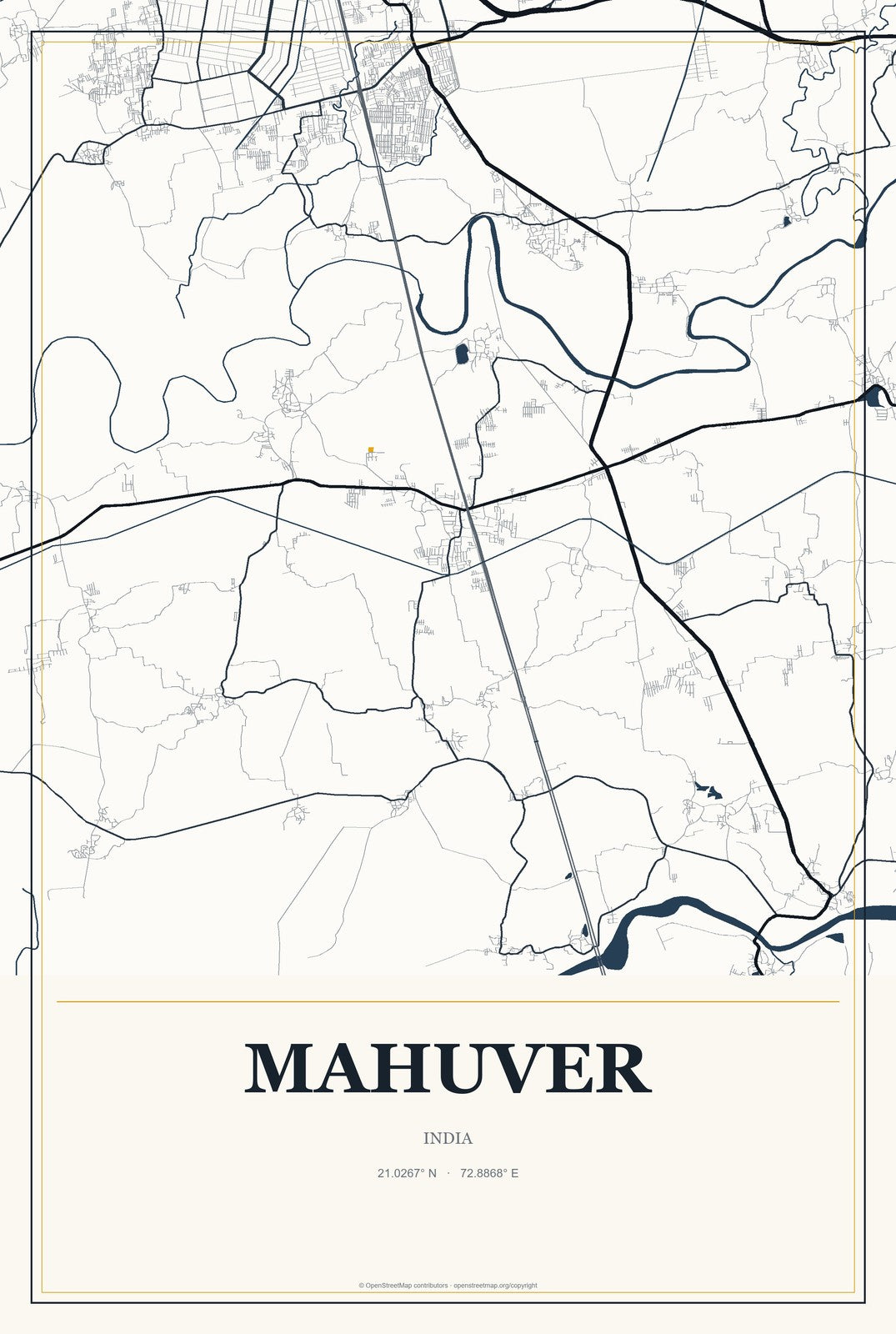 Mahuver, India City Map Aluminum Sign in Citrine Modern style