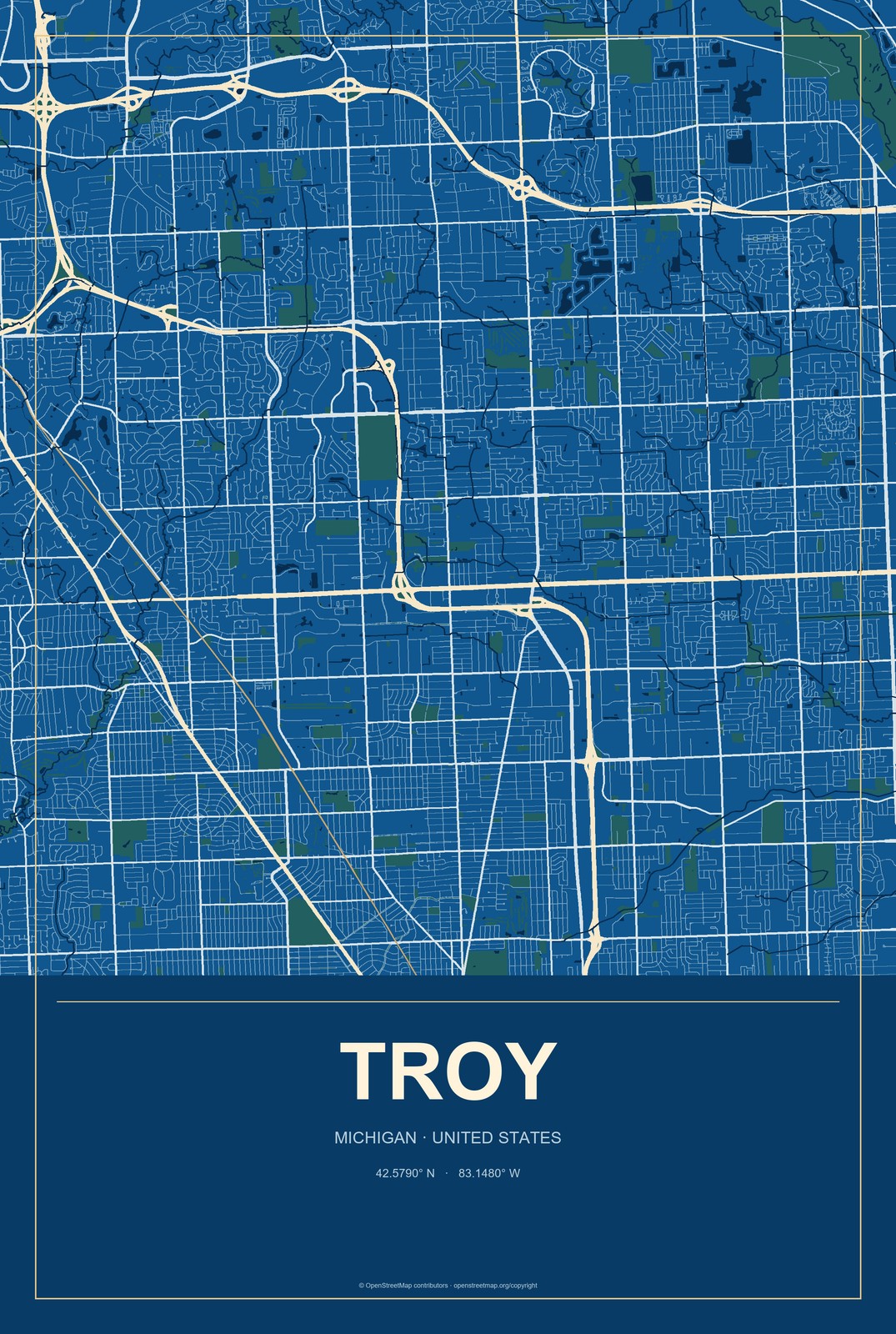 Troy, Michigan City Map Aluminum Sign in Harbor Cobalt style