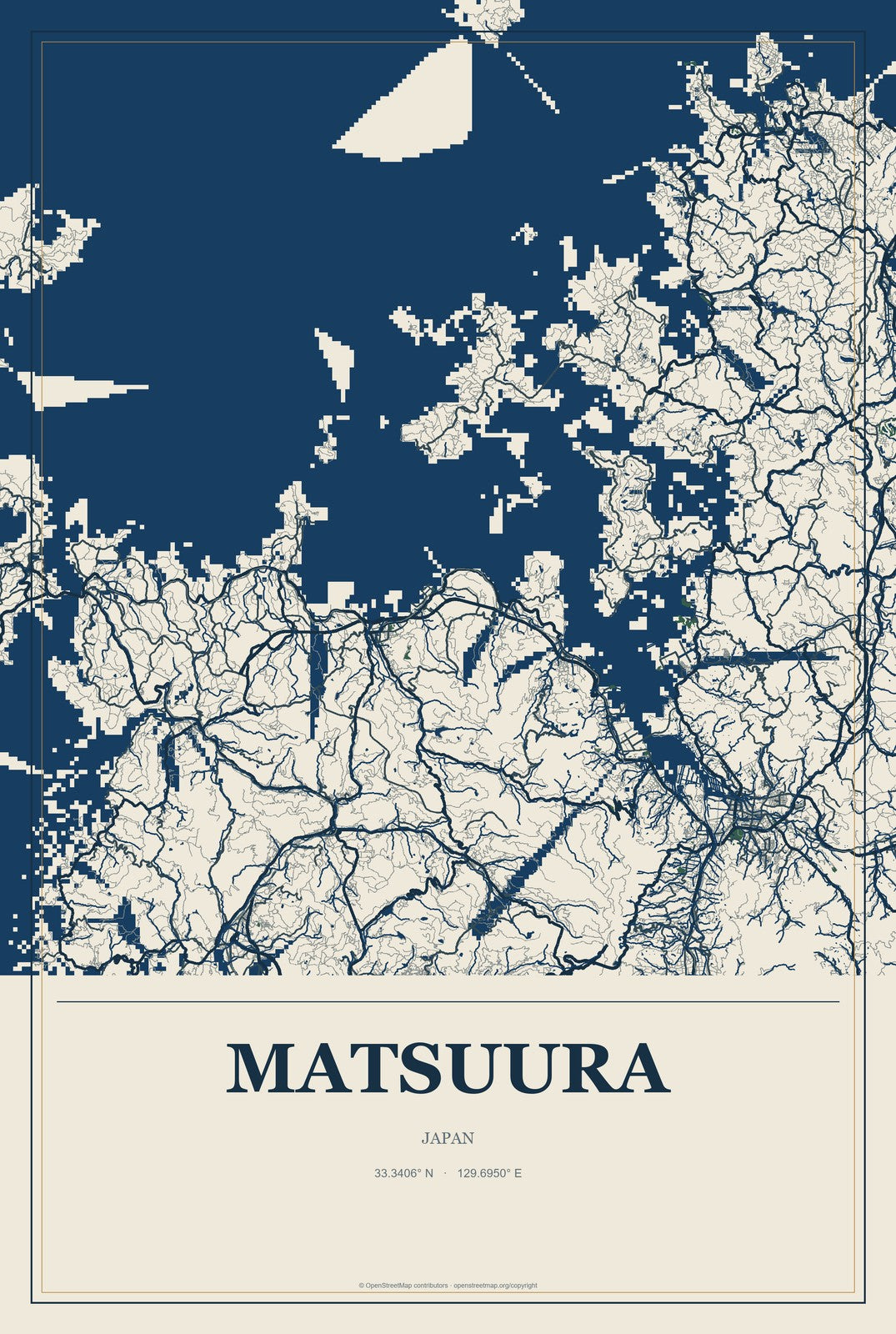 Matsuura, Japan City Map Aluminum Sign in Coastal Cutout style