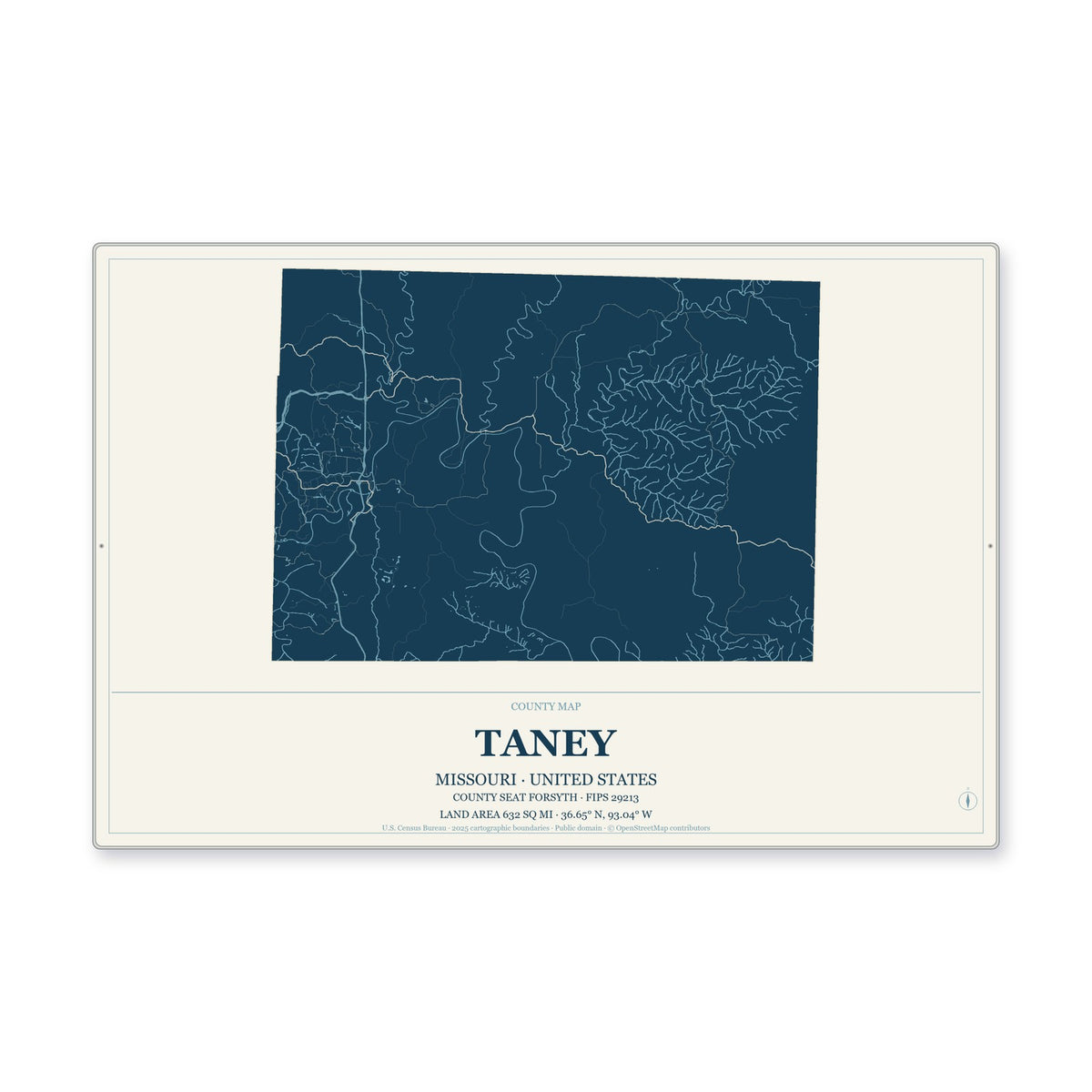 Taney County, Missouri Map Aluminum Sign in Coastal Cutout style