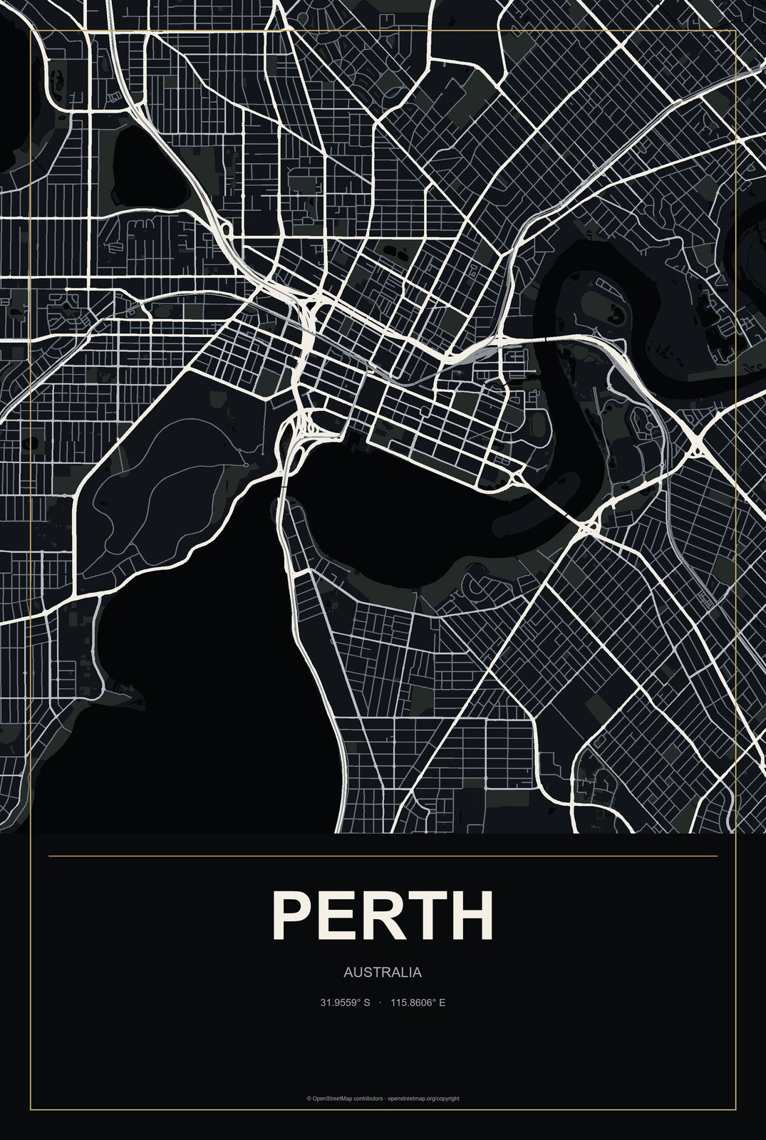 Perth, Australia City Map Aluminum Sign in Metropolitan Noir style