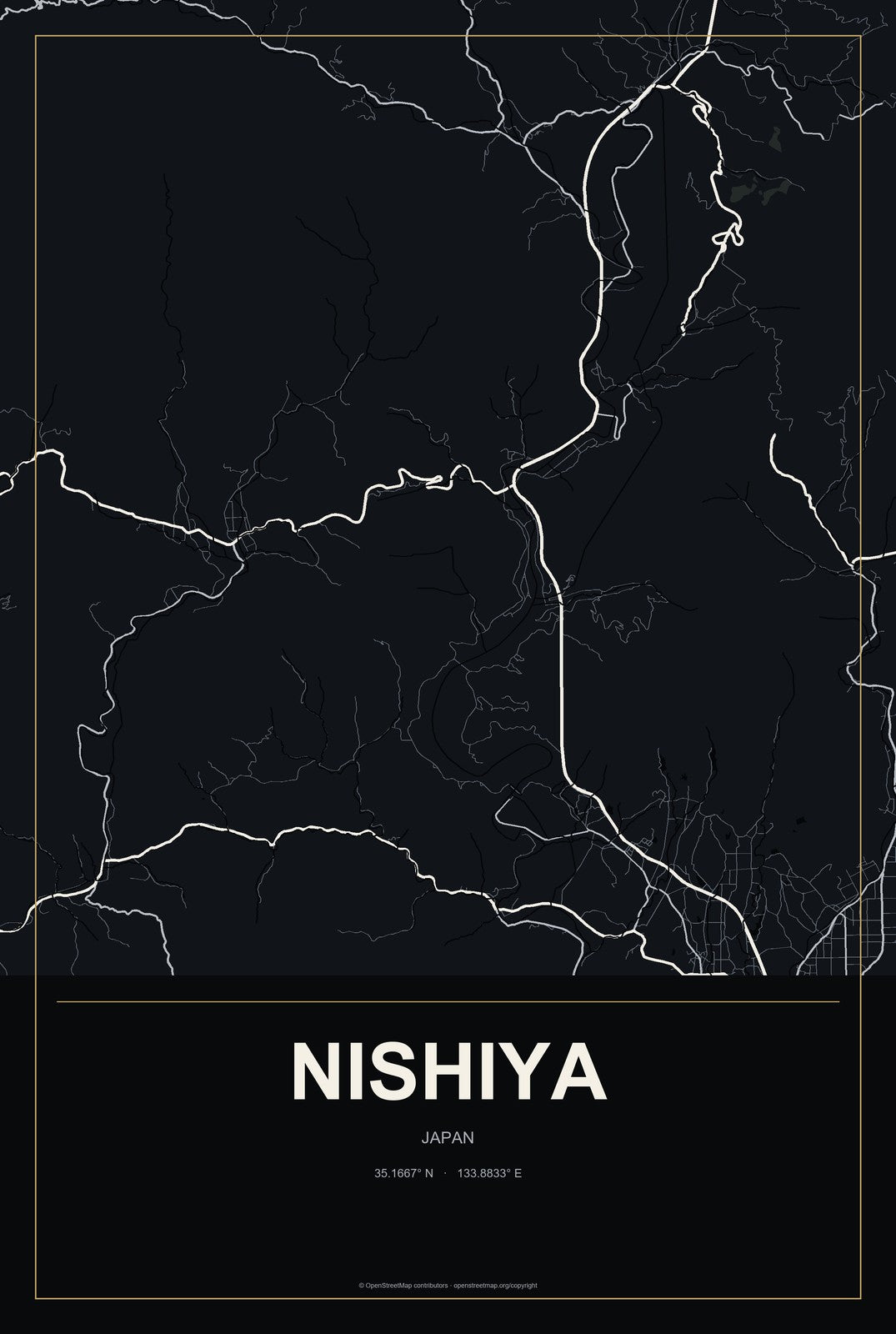 Nishiya, Japan City Map Aluminum Sign in Metropolitan Noir style