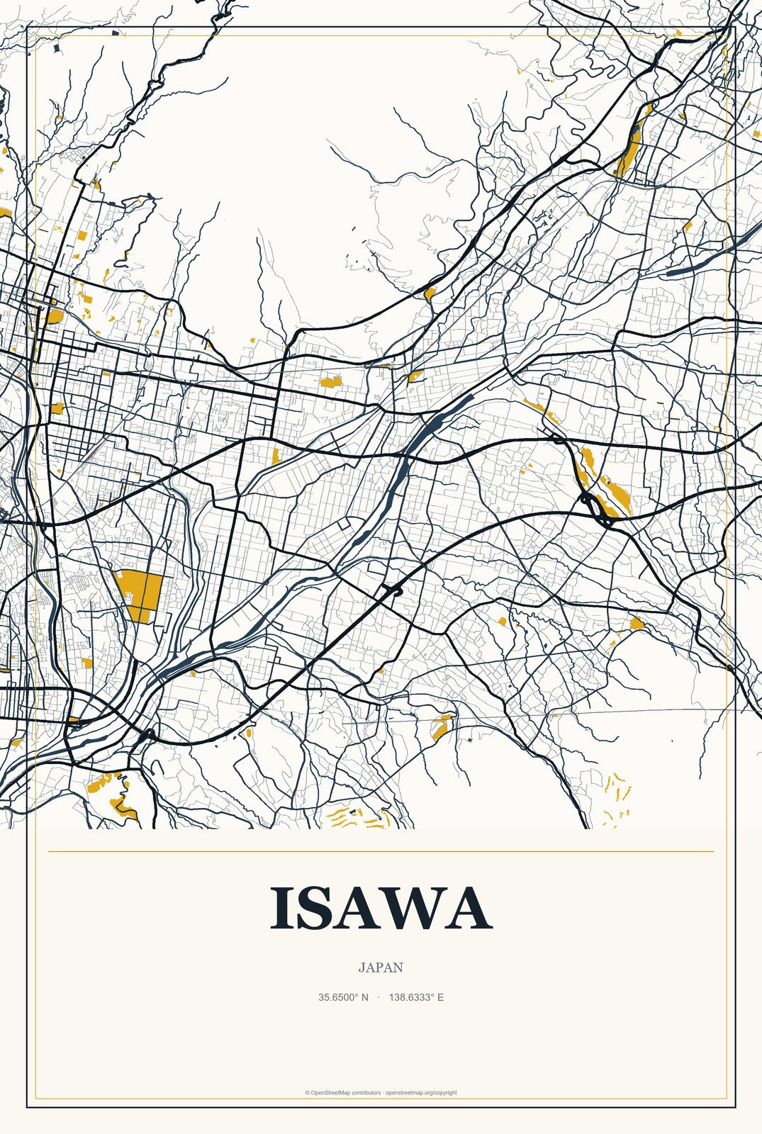 Isawa, Japan City Map Aluminum Sign in Citrine Modern style