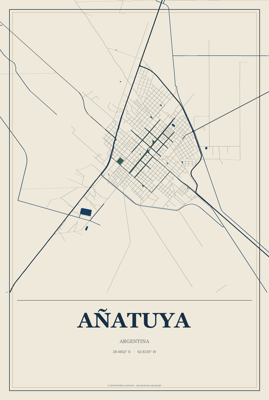 Añatuya, Argentina City Map Aluminum Sign in Coastal Cutout style