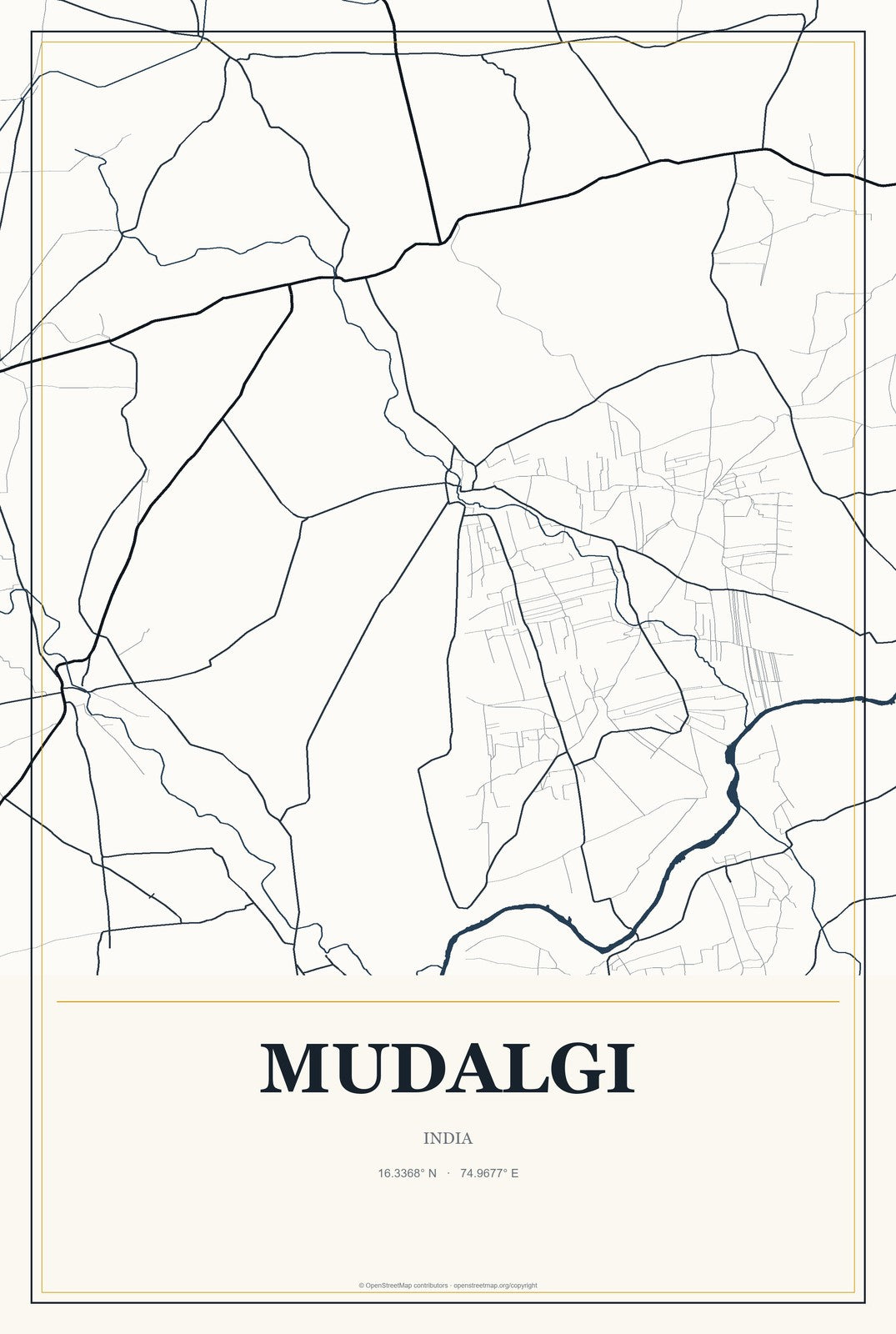 Mudalgi, India City Map Aluminum Sign in Citrine Modern style