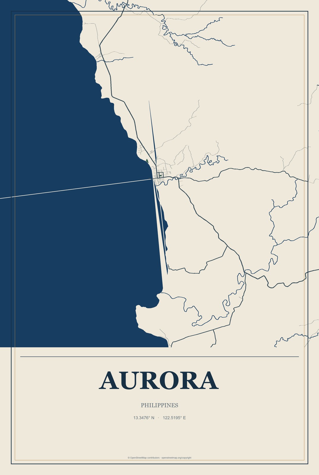 Aurora, Philippines City Map Aluminum Sign in Coastal Cutout style