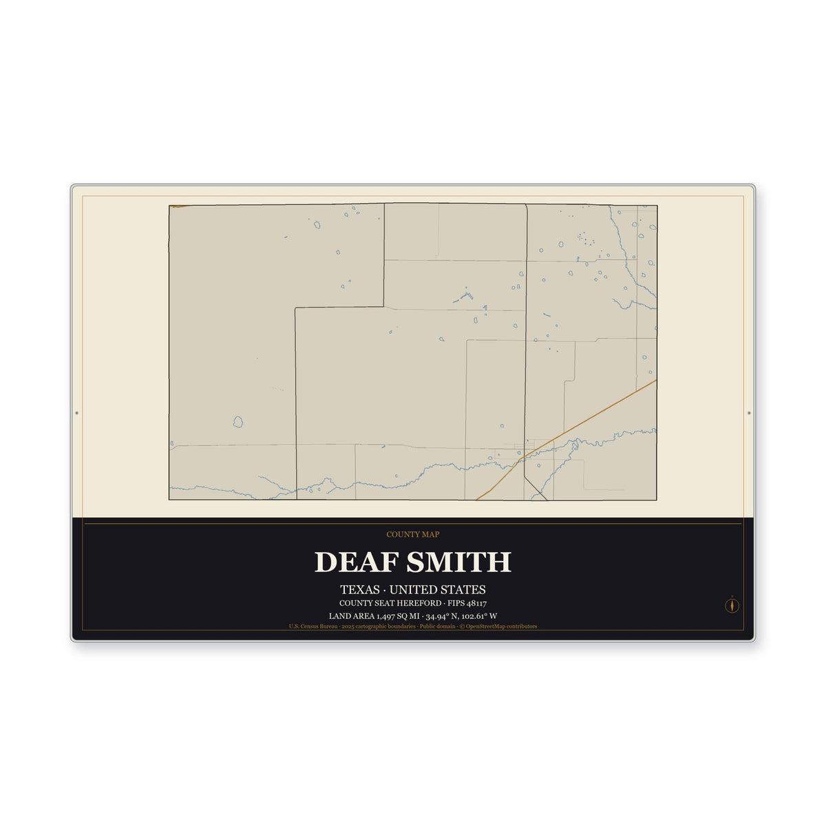 Deaf Smith County, Texas Map Aluminum Sign in Museum Plaque style