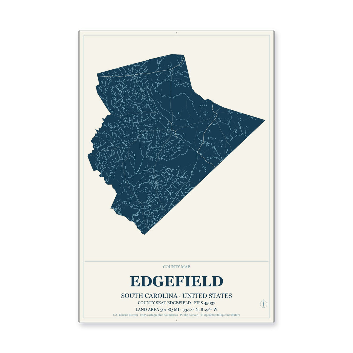 Edgefield County, South Carolina Map Aluminum Sign in Coastal Cutout style