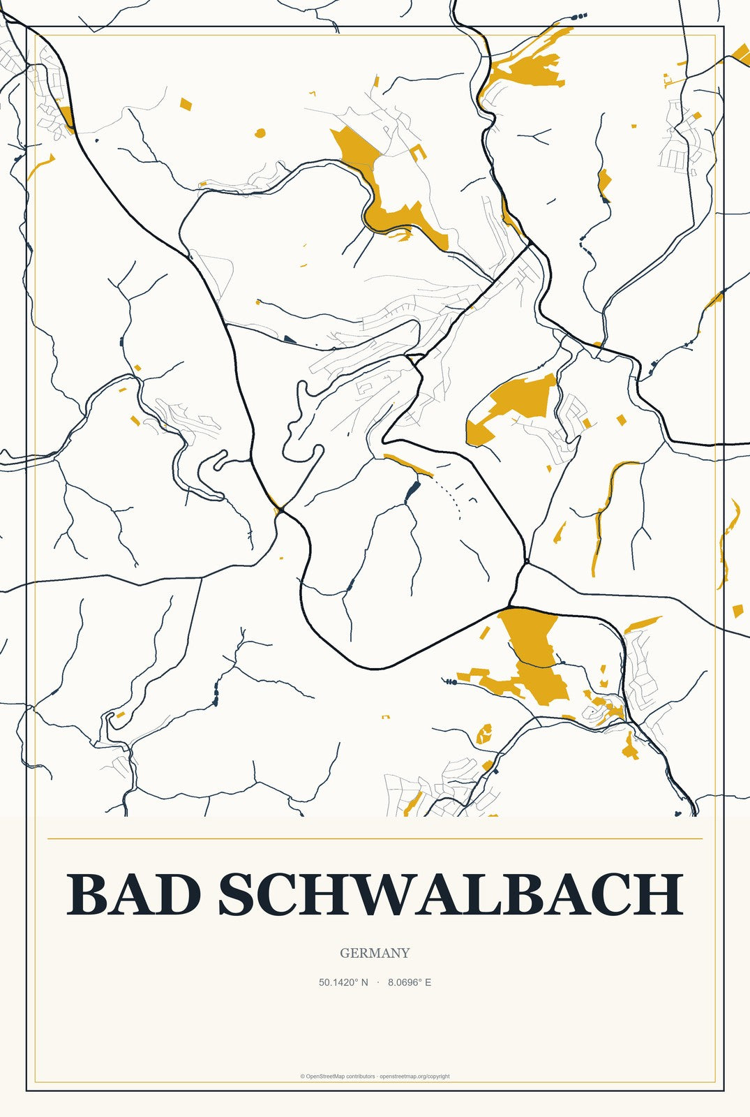 Bad Schwalbach, Germany City Map Aluminum Sign in Citrine Modern style