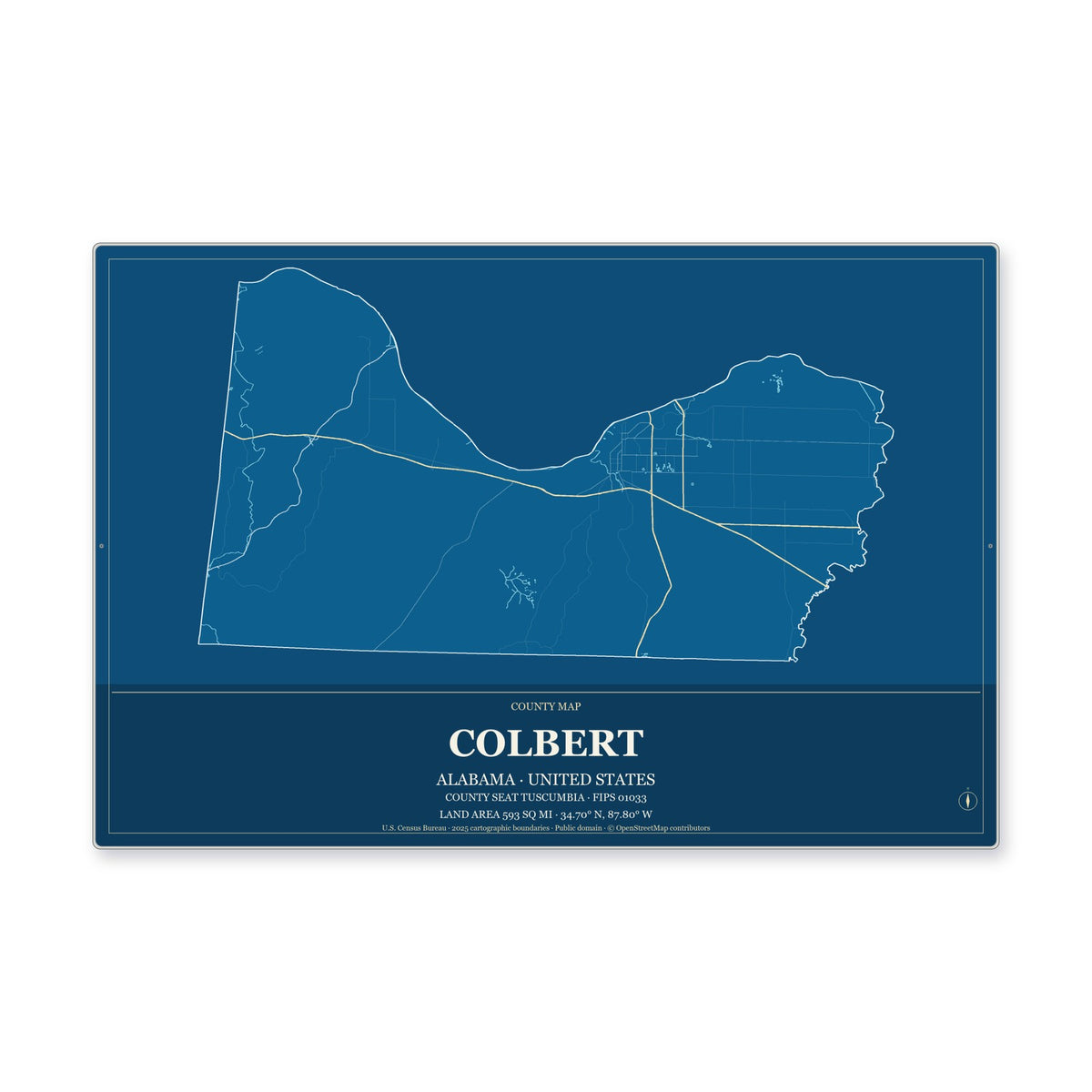 Colbert County, Alabama Map Aluminum Sign in Harbor Cobalt style