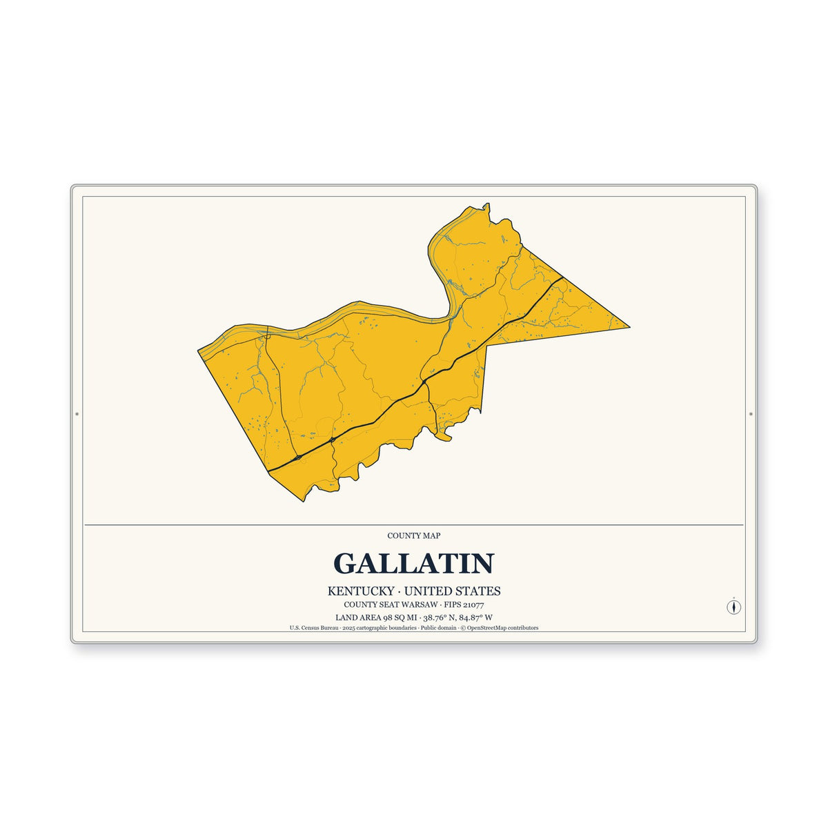 Gallatin County, Kentucky Map Aluminum Sign in Citrine Modern style