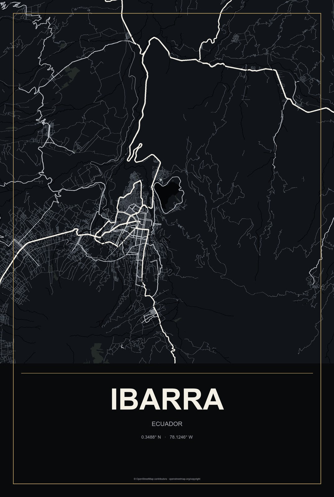 Ibarra, Ecuador City Map Aluminum Sign in Metropolitan Noir style