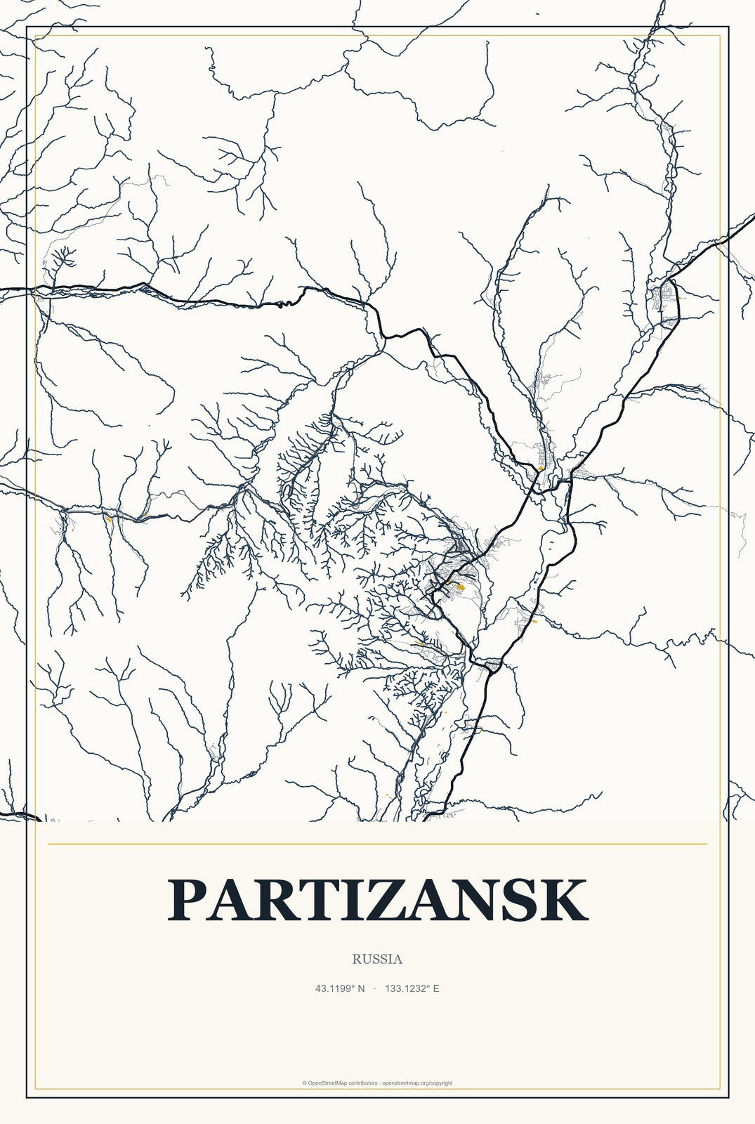 Partizansk, Russia City Map Aluminum Sign in Citrine Modern style
