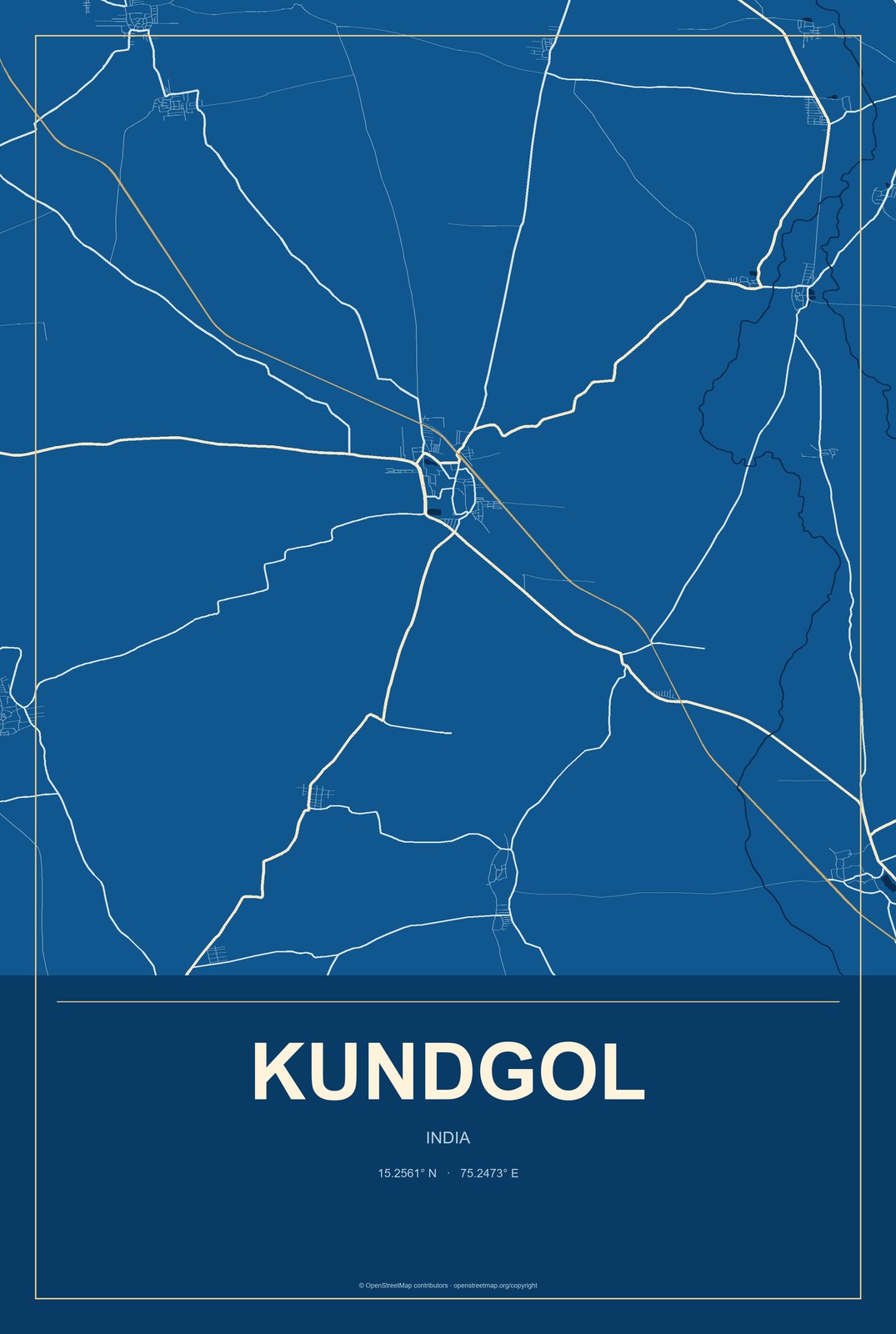 Kundgol, India City Map Aluminum Sign in Harbor Cobalt style