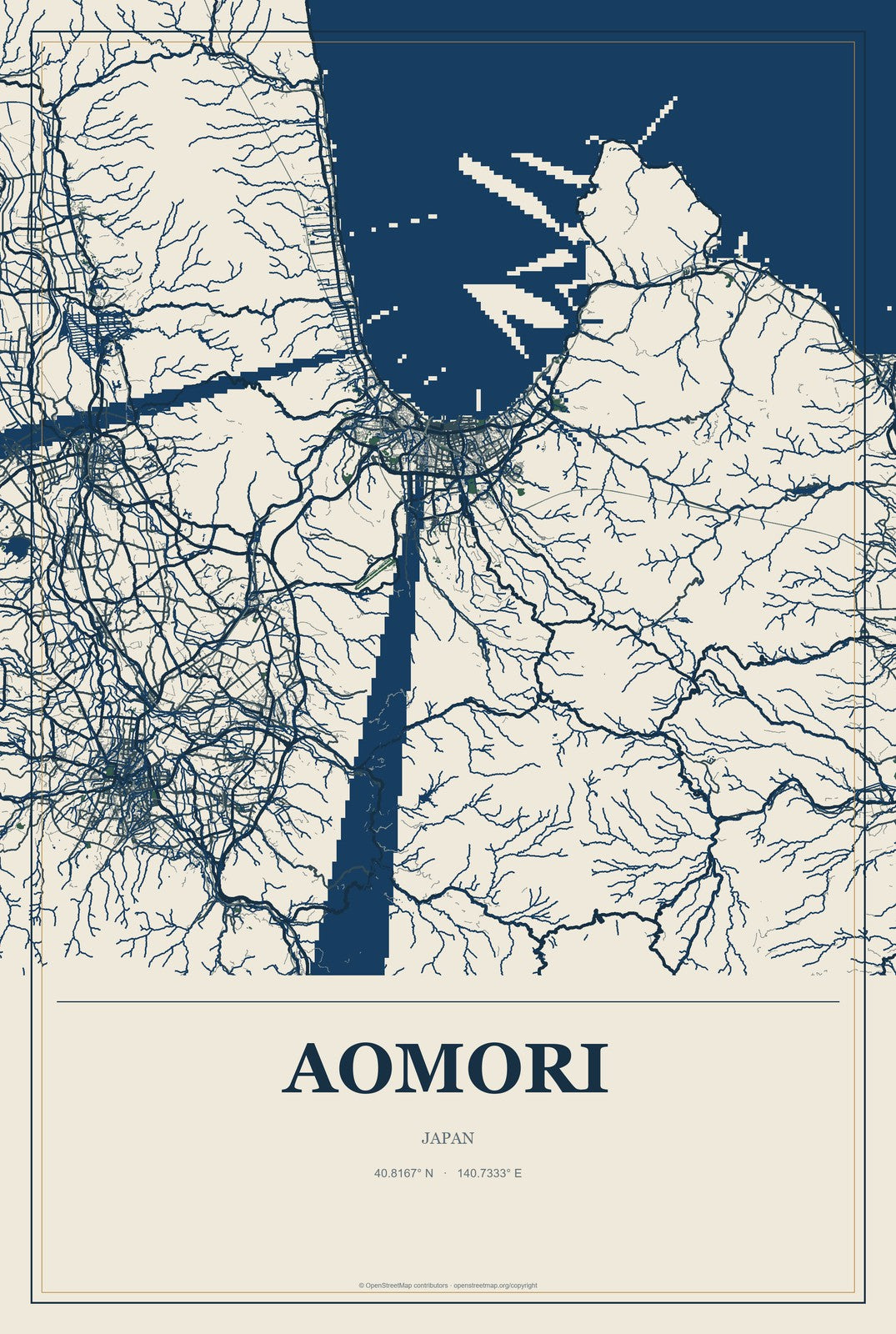 Aomori, Japan City Map Aluminum Sign in Coastal Cutout style