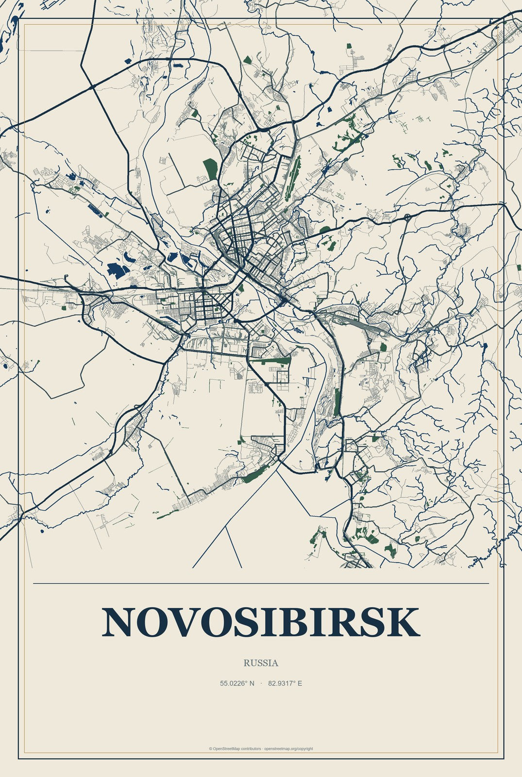 Novosibirsk, Russia City Map Aluminum Sign in Coastal Cutout style
