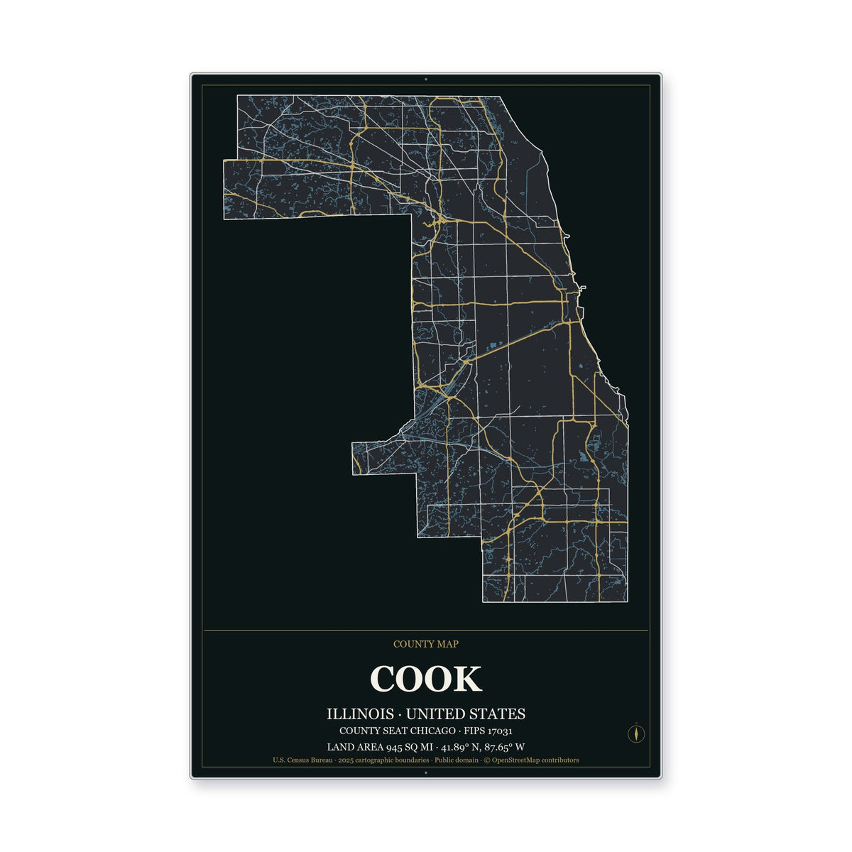 Cook County, Illinois Map Aluminum Sign in Metropolitan Noir style