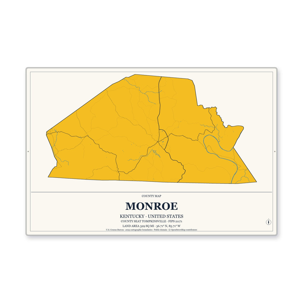 Monroe County, Kentucky Map Aluminum Sign in Citrine Modern style
