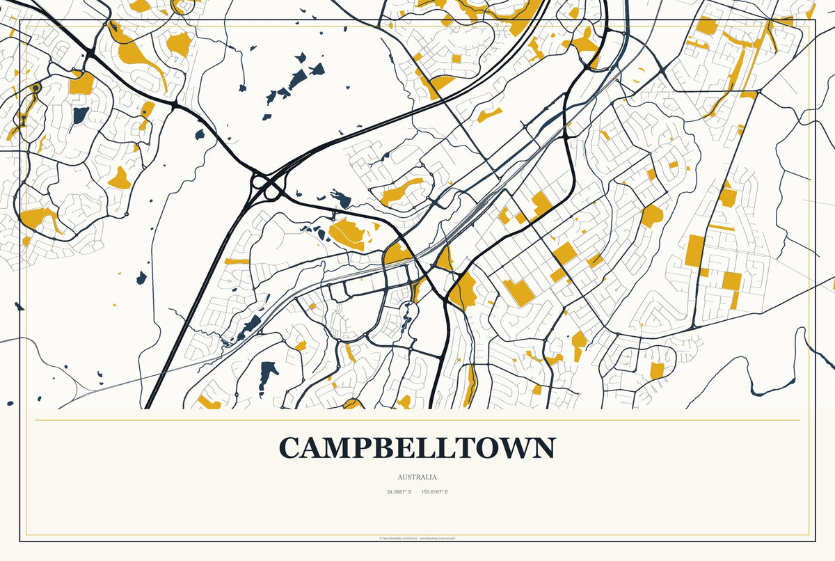 Campbelltown, Australia City Map Aluminum Sign in Citrine Modern style