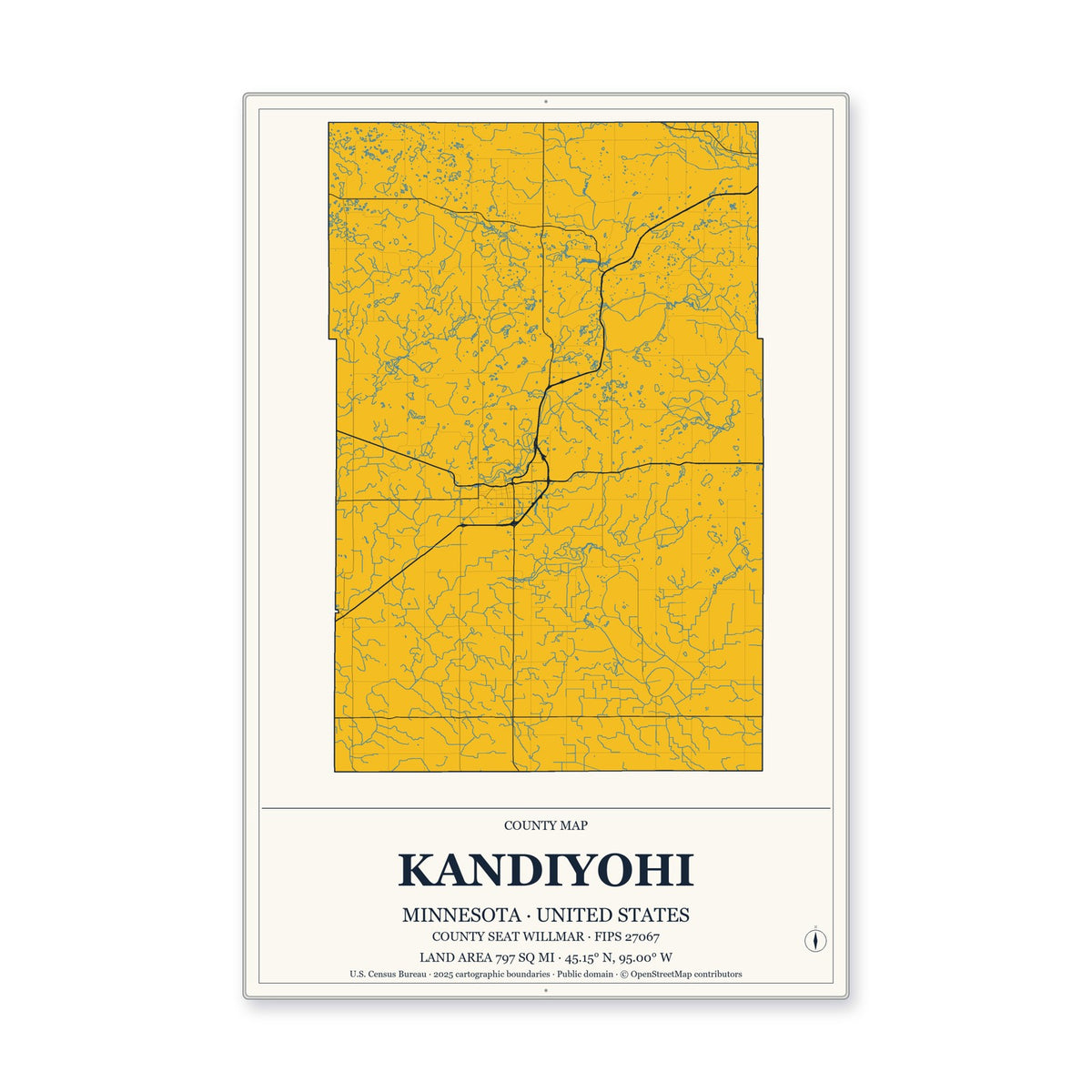 Kandiyohi County, Minnesota Map Aluminum Sign in Citrine Modern style