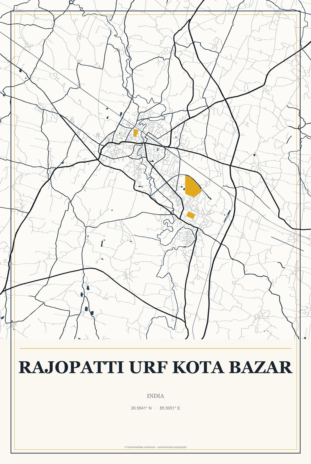 Rajopatti urf Kota Bazar, India City Map Aluminum Sign in Citrine Modern style