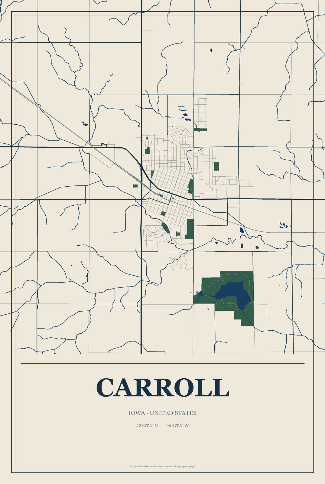 Carroll, Iowa City Map Aluminum Sign in Coastal Cutout style