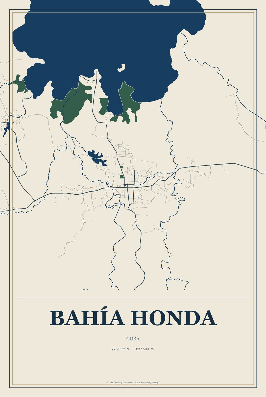 Bahía Honda, Cuba City Map Aluminum Sign in Coastal Cutout style