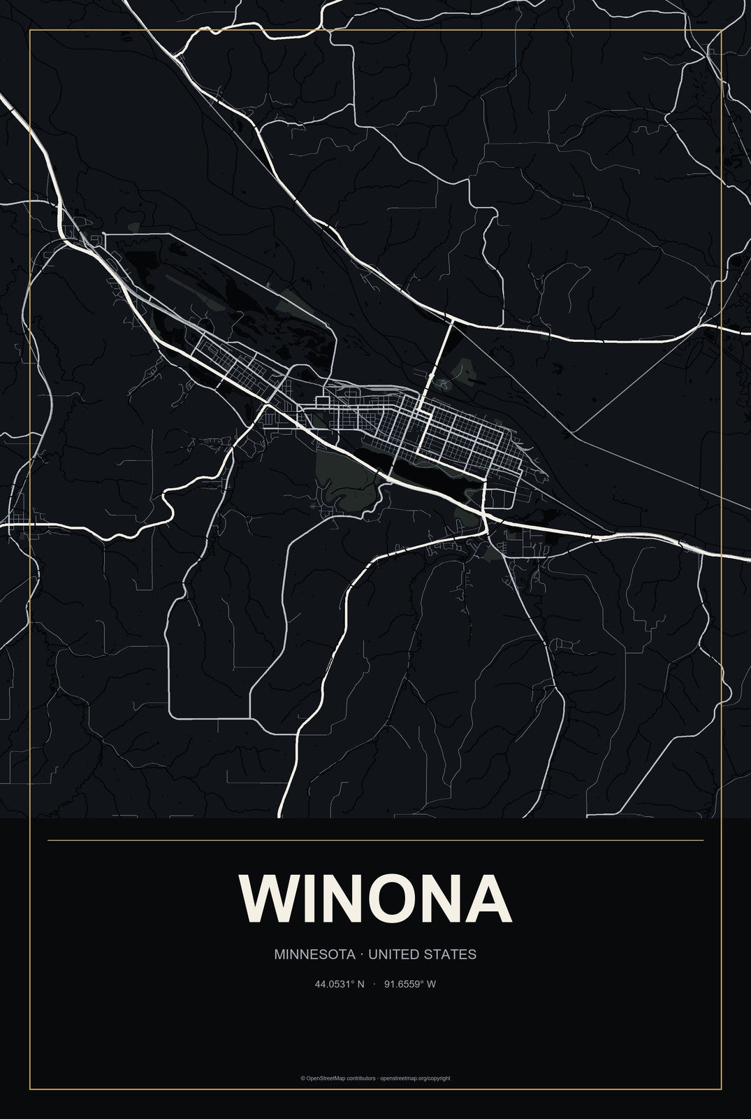 Winona, Minnesota City Map Aluminum Sign in Metropolitan Noir style