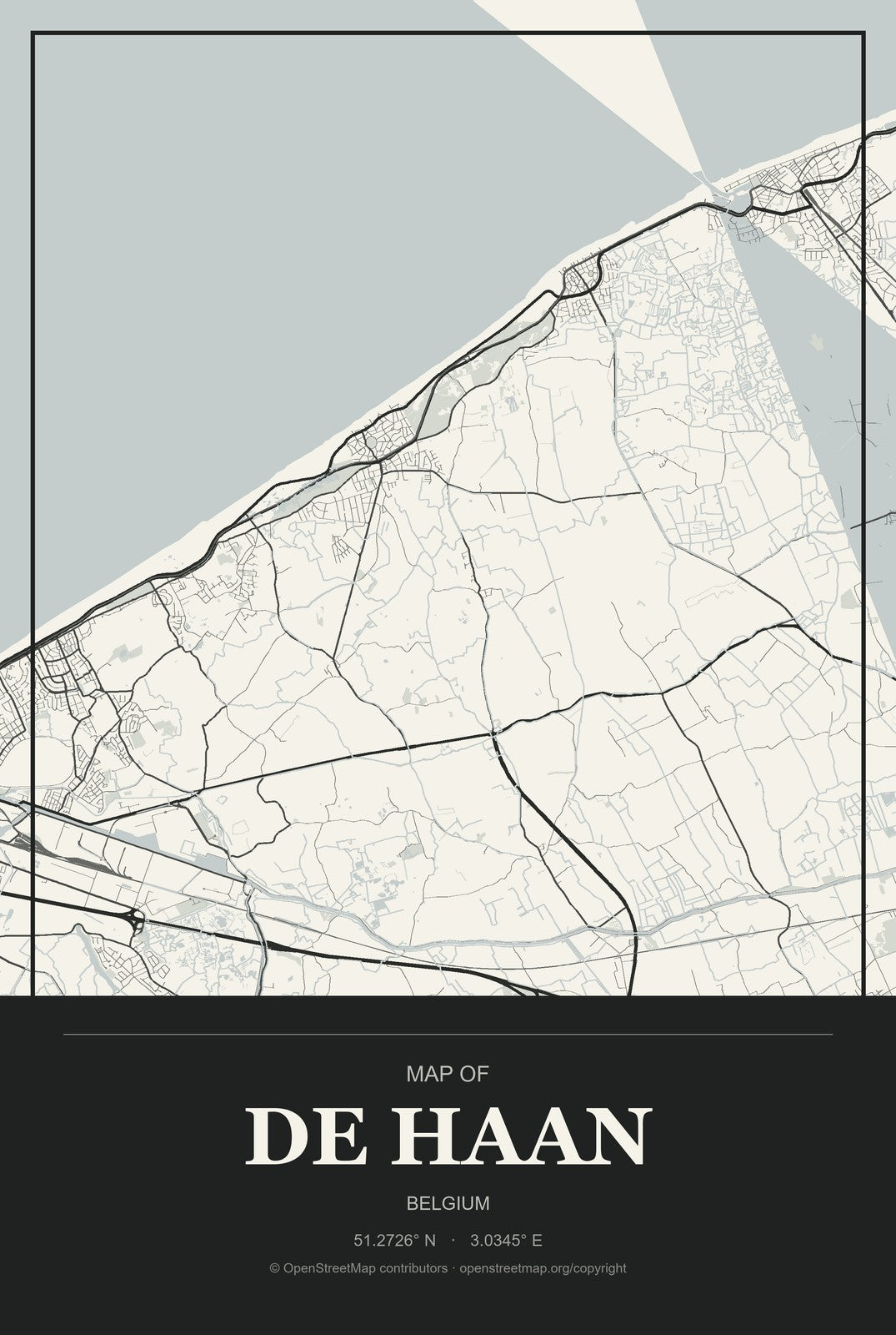 De Haan, Belgium City Map Aluminum Sign in Museum Plaque style
