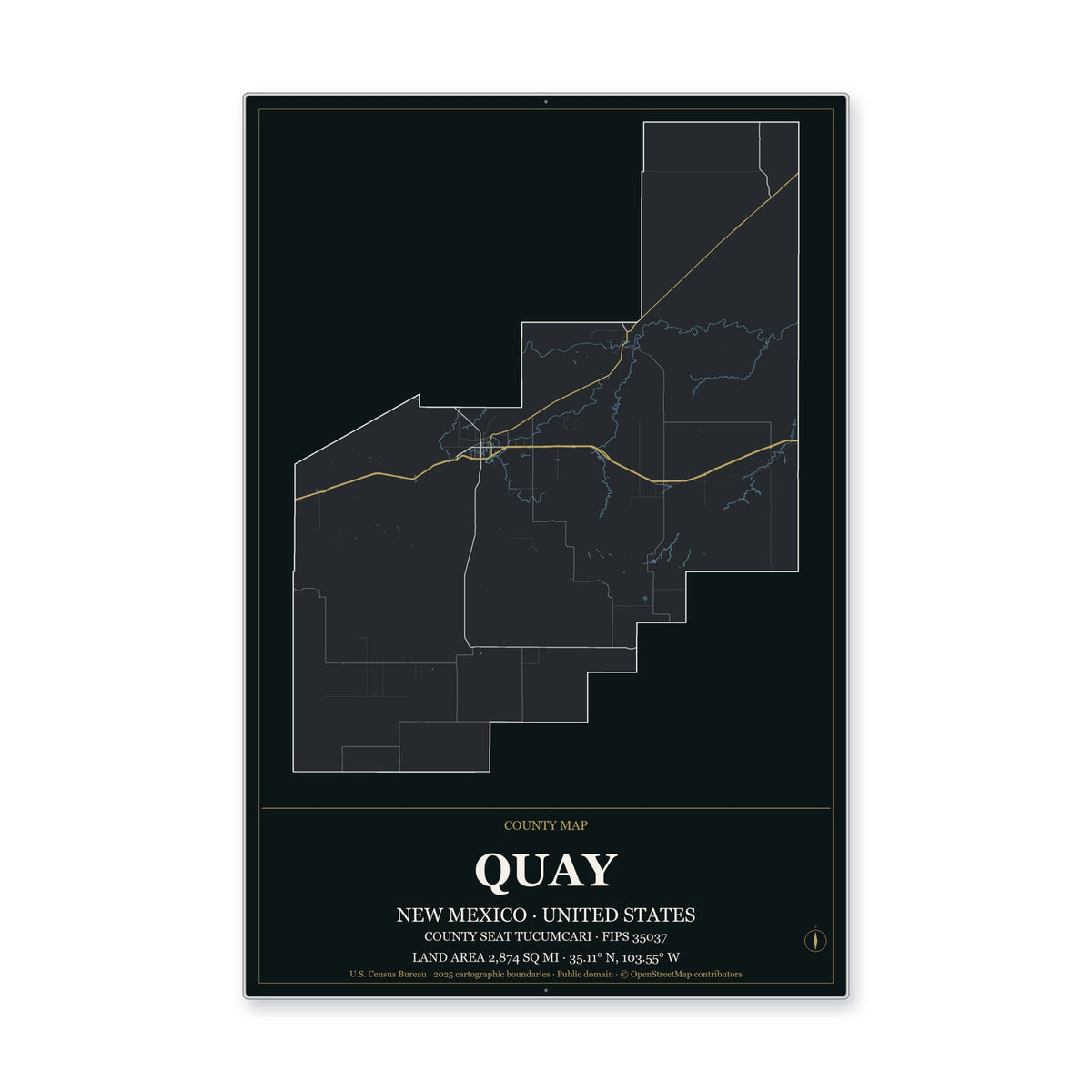 Quay County, New Mexico Map Aluminum Sign in Metropolitan Noir style